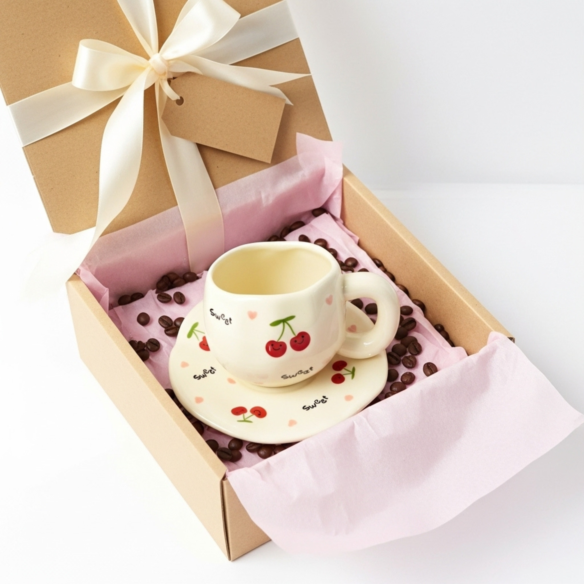 Mug Cerises Kawaii – Set Tasse & Sous-Tasse pour Café