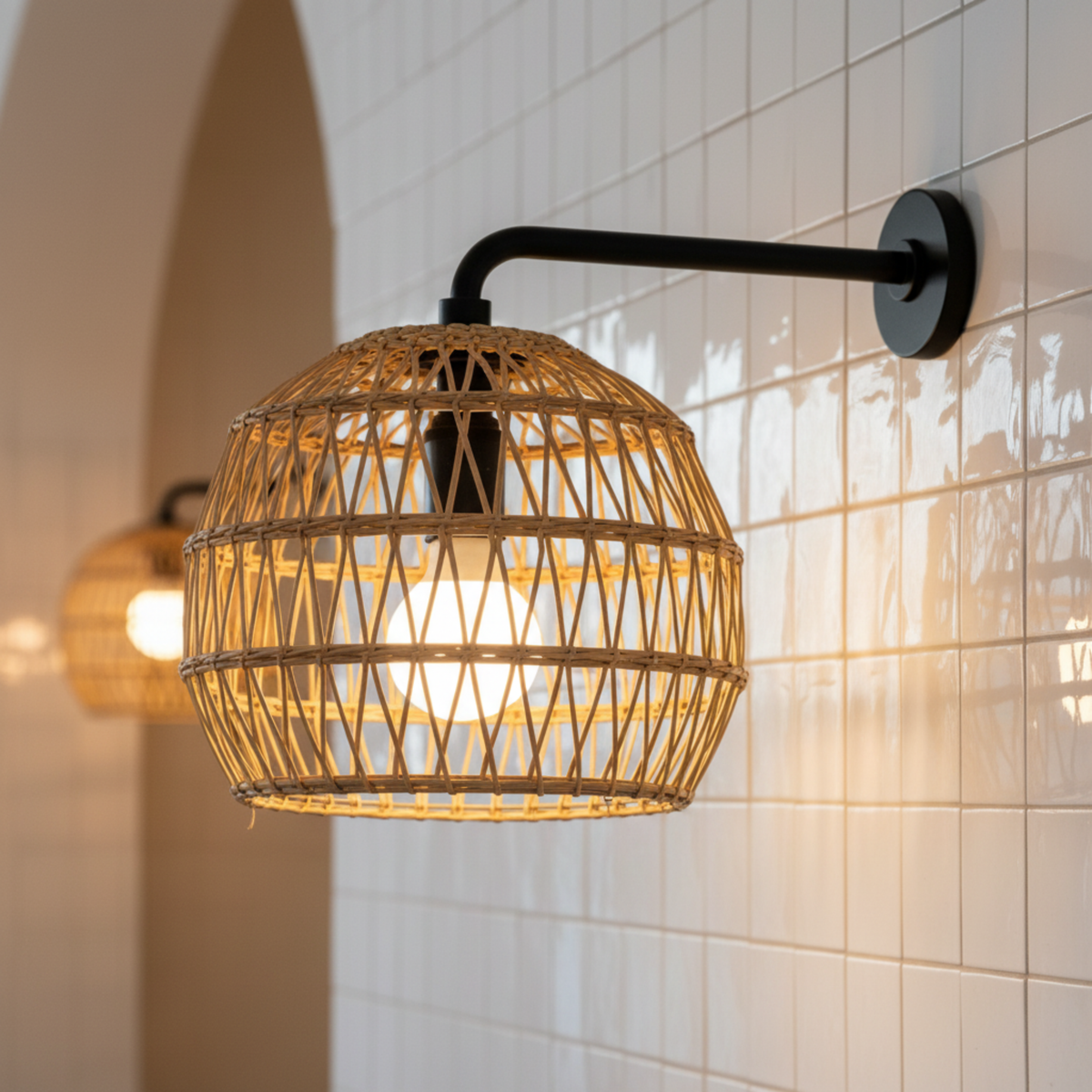 Applique Murale Boule Fibres de Palmier & Métal Noir | Fiolla Home