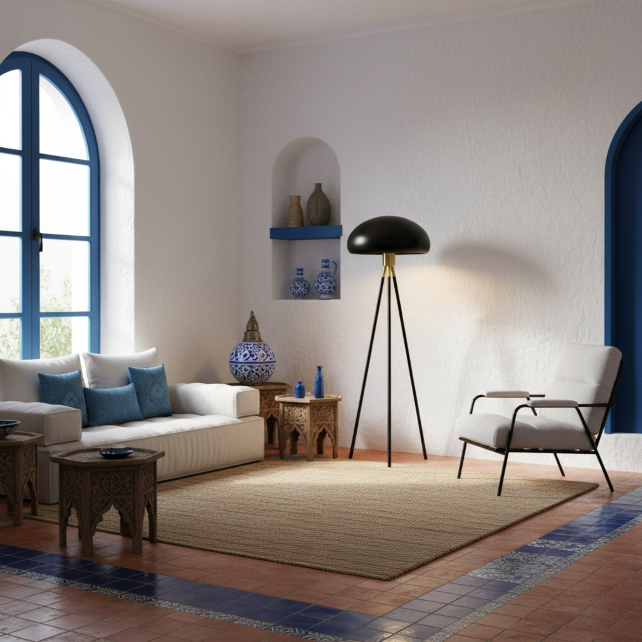 Lampadaire Trépied Noir et Or – Design Luxe pour Salon en Tunisie