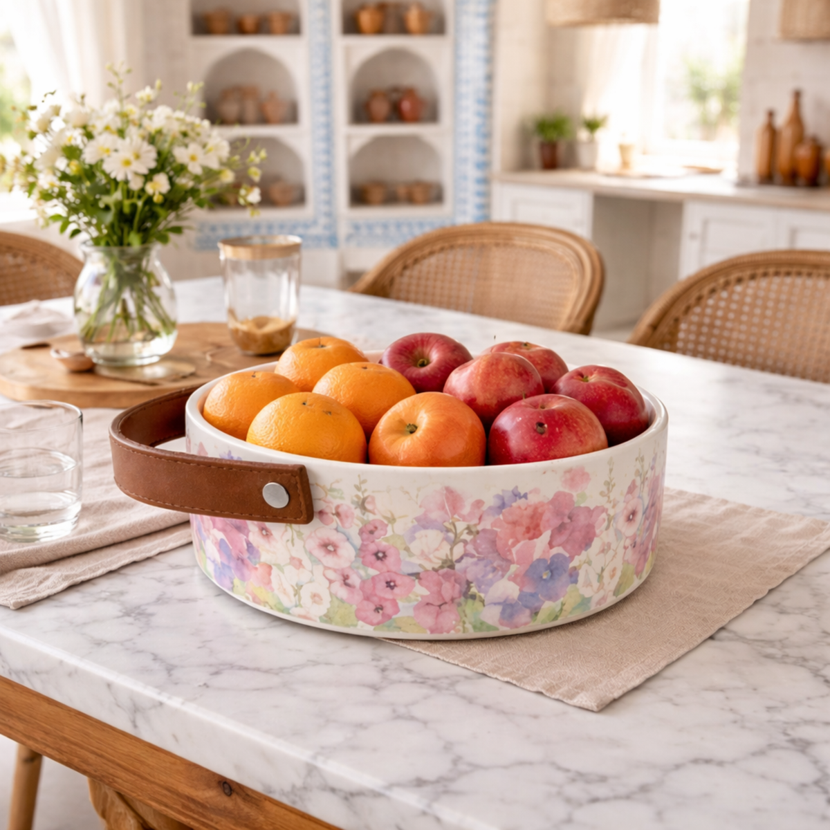 Corbeille à Fruits en Céramique Florale avec Anse Cuir - Élégance