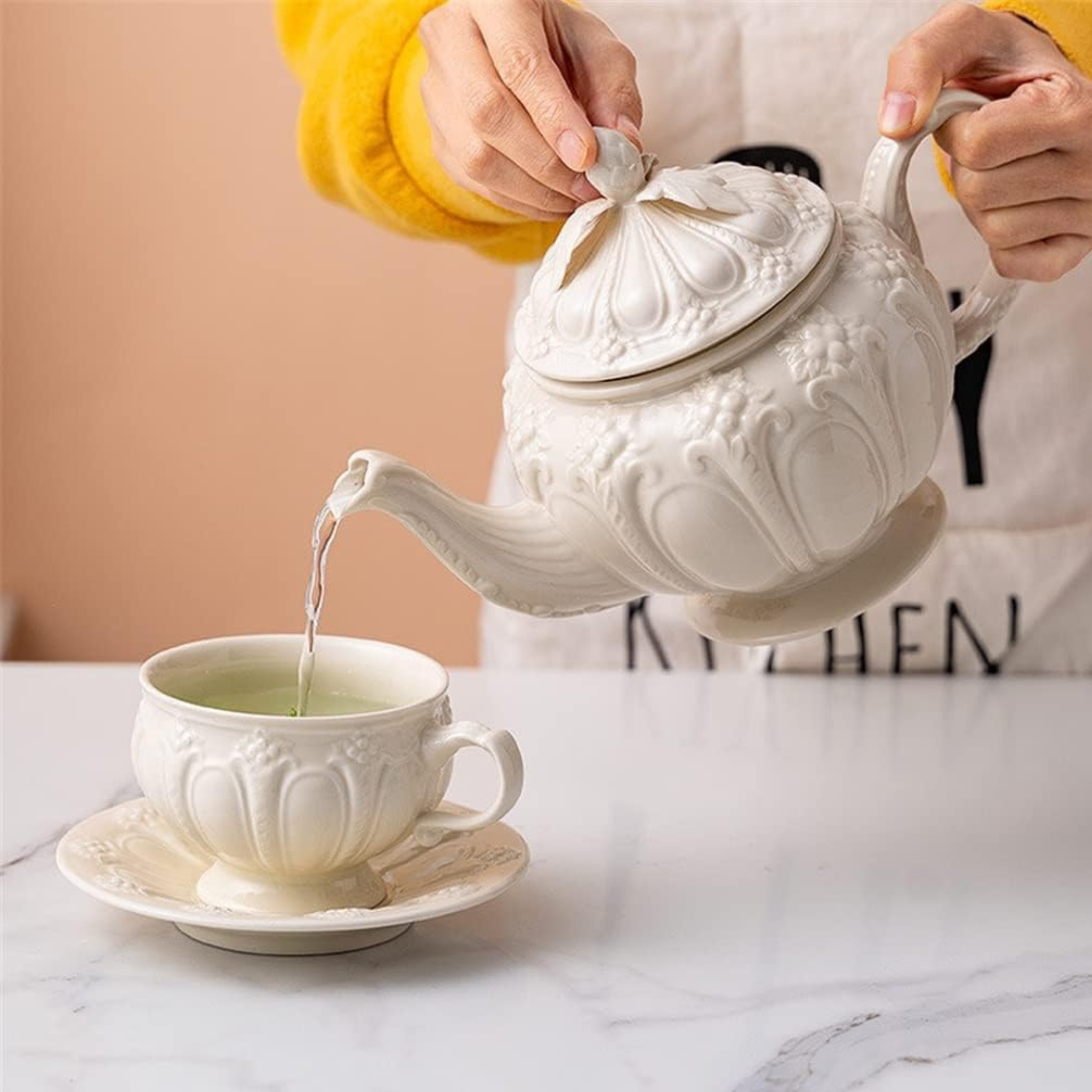 Service Porcelaine Blanche Café au Lait – 6 Tasses + Théière | Fiolla Home
