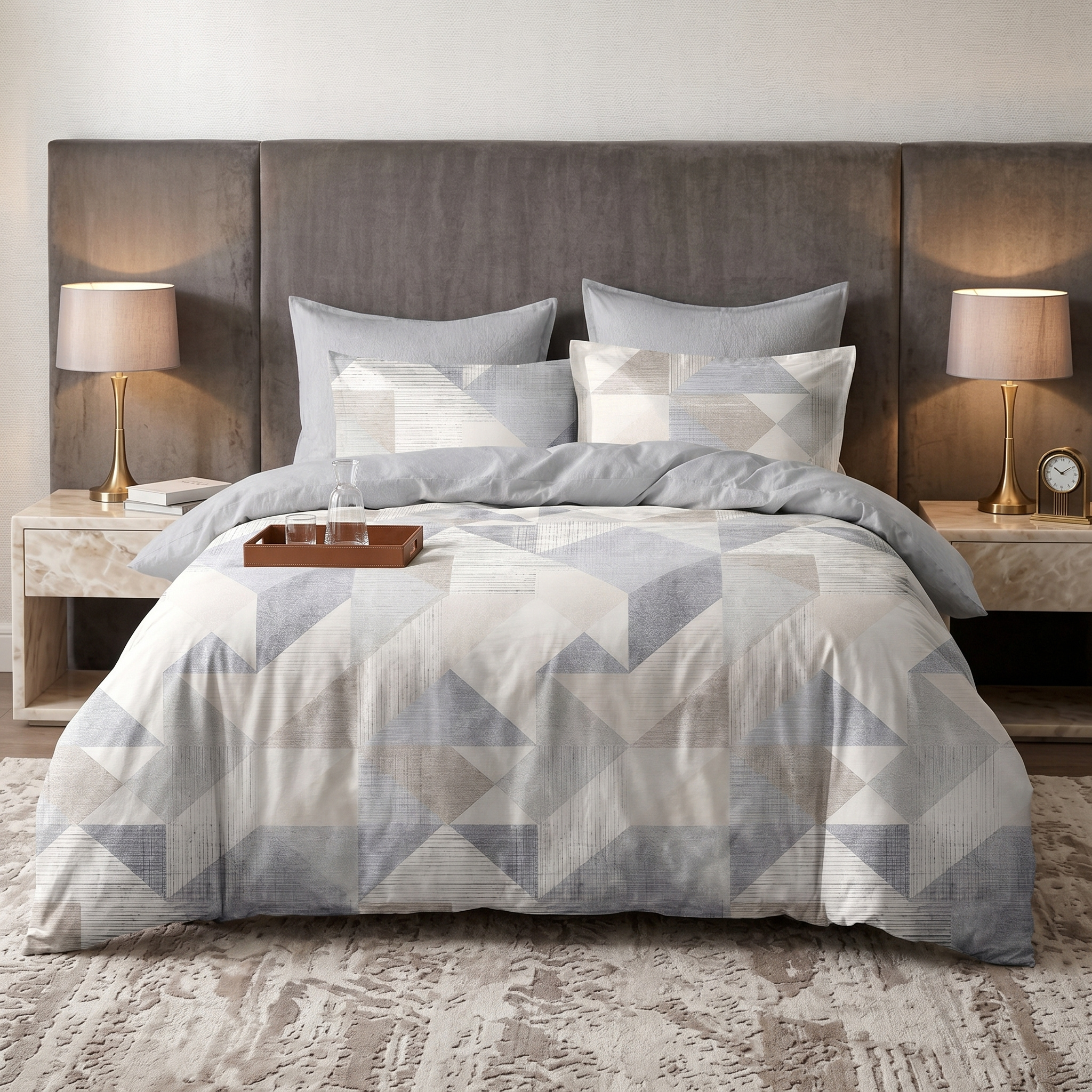 Ensemble Parure de Lit Satin Coton Motif Triangles Bleu Gris | Fiolla Home