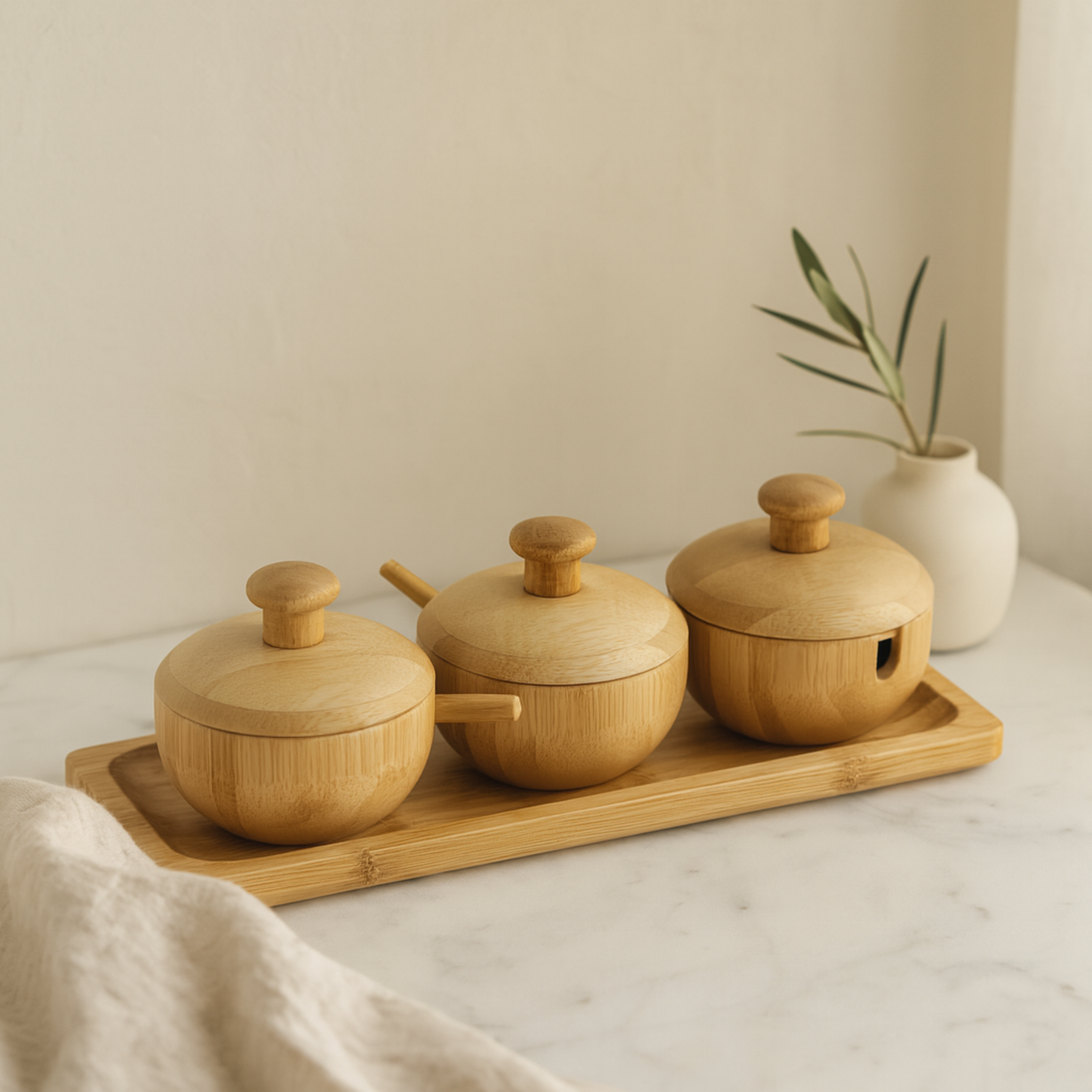 Trio de pots à épices en bambou | Cuillères et plateau | Fiolla Home