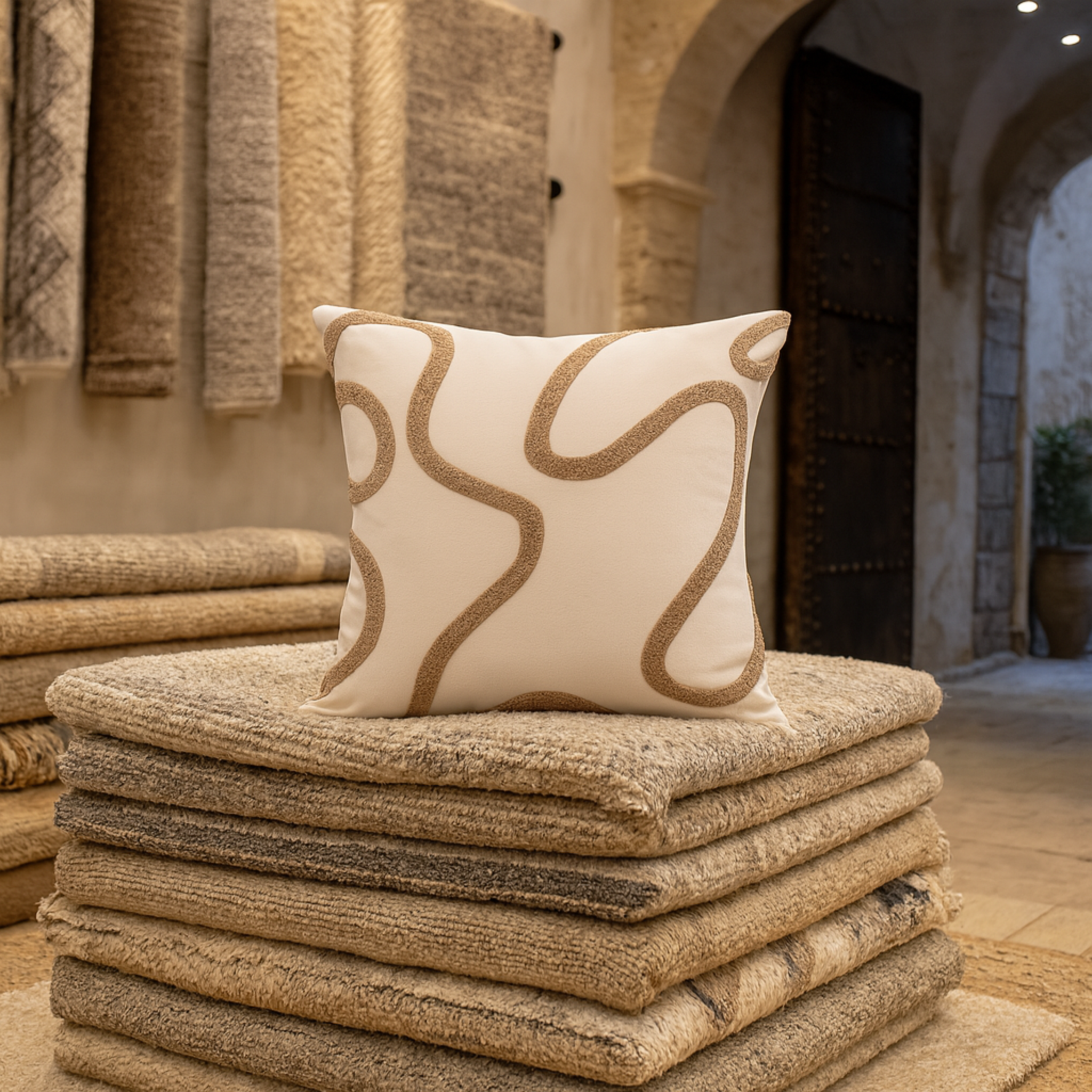 Coussin Moderne Tunisie – Motif Abstrait Beige | Fiolla Home