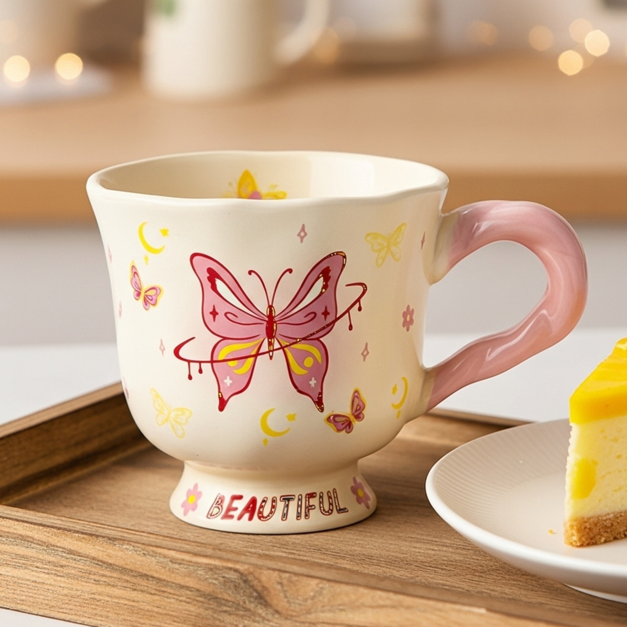 Mug papillon rose “Beautiful” – Céramique base évasée | Fiolla Home