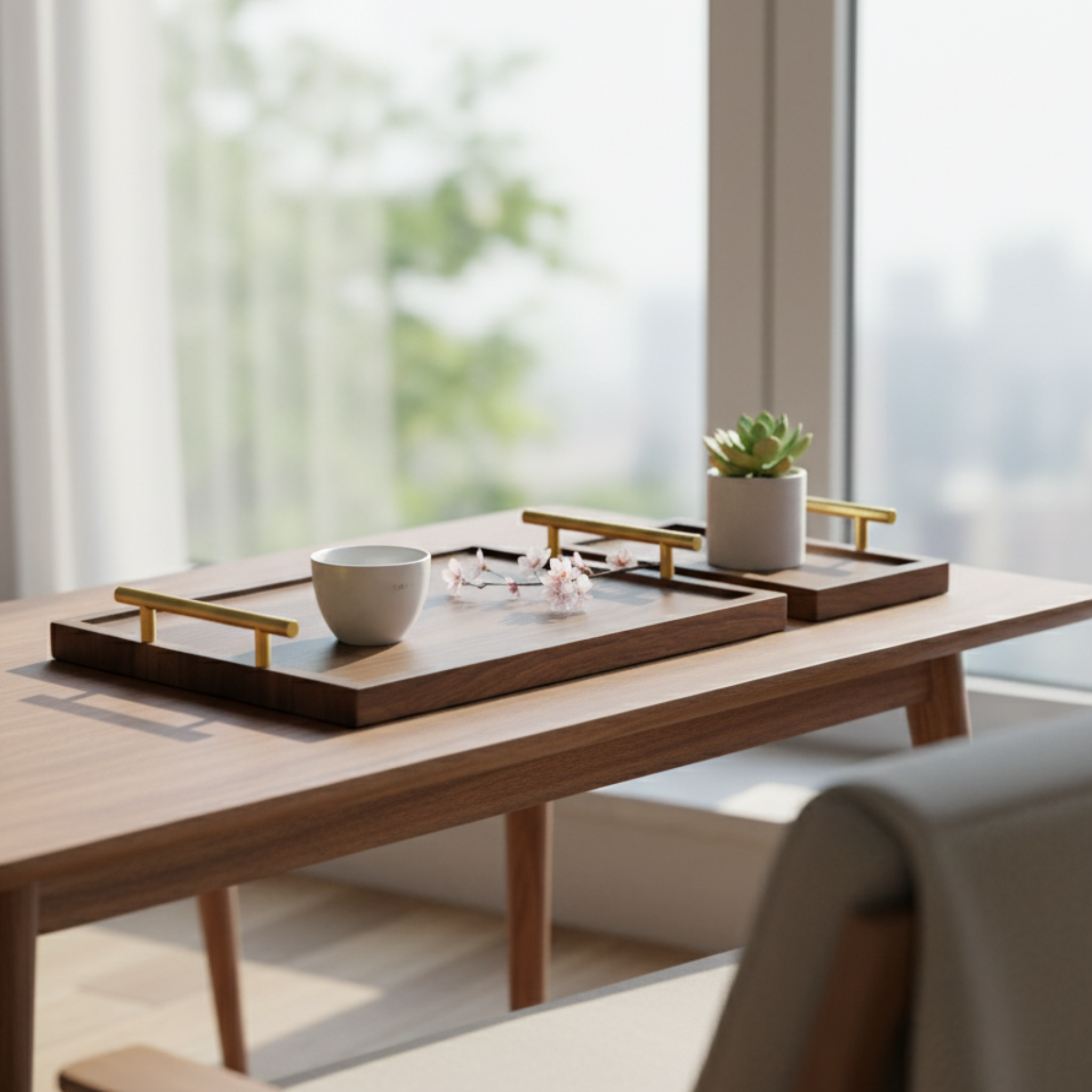 Plateaux en Bois de Noyer (Lot de 2) | Poignées Dorées | Fiolla Home