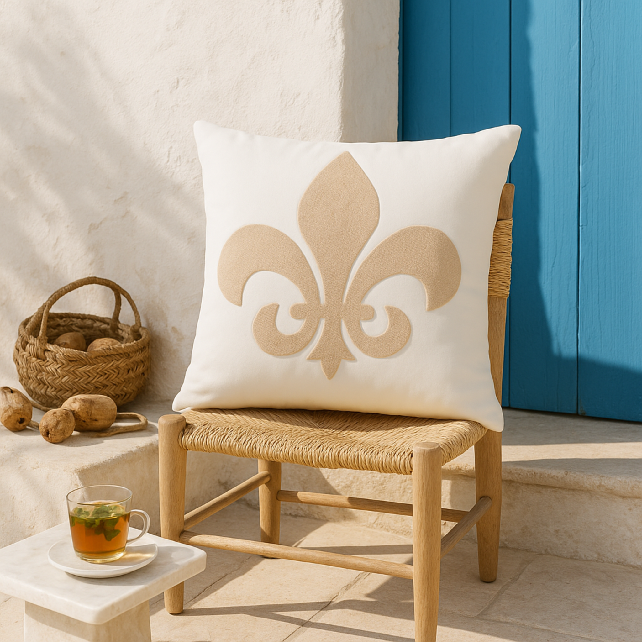 Coussin Fleur de Lys Beige – Élégance Classique | Fiolla Home Tunisie