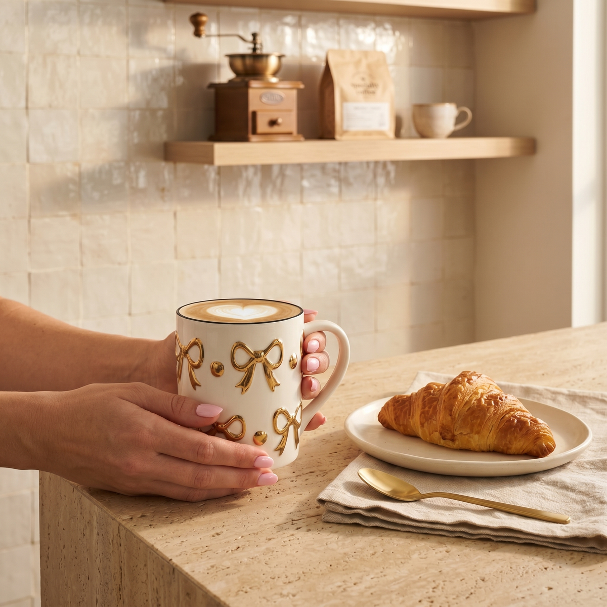 Mug Céramique Nœud Doré Tunisie | Tasse Café Luxe | Fiolla Home