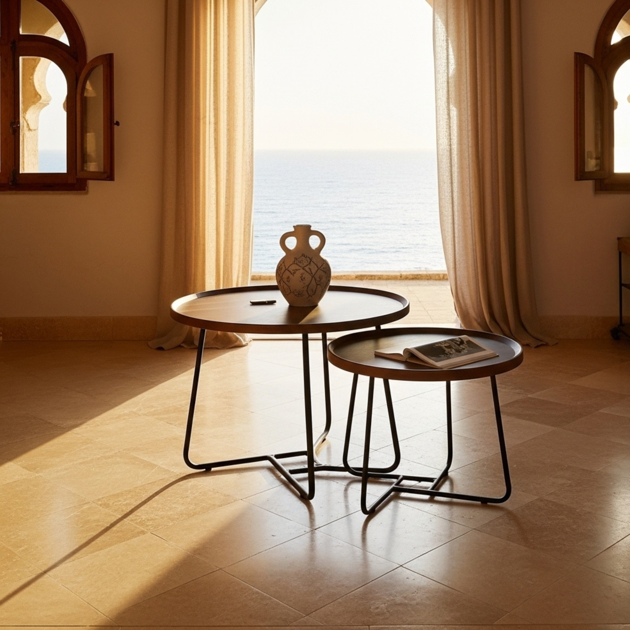 Tables Basses Rondes Design – Bois Foncé & Pieds Métalliques | Fiolla Home Tunisie