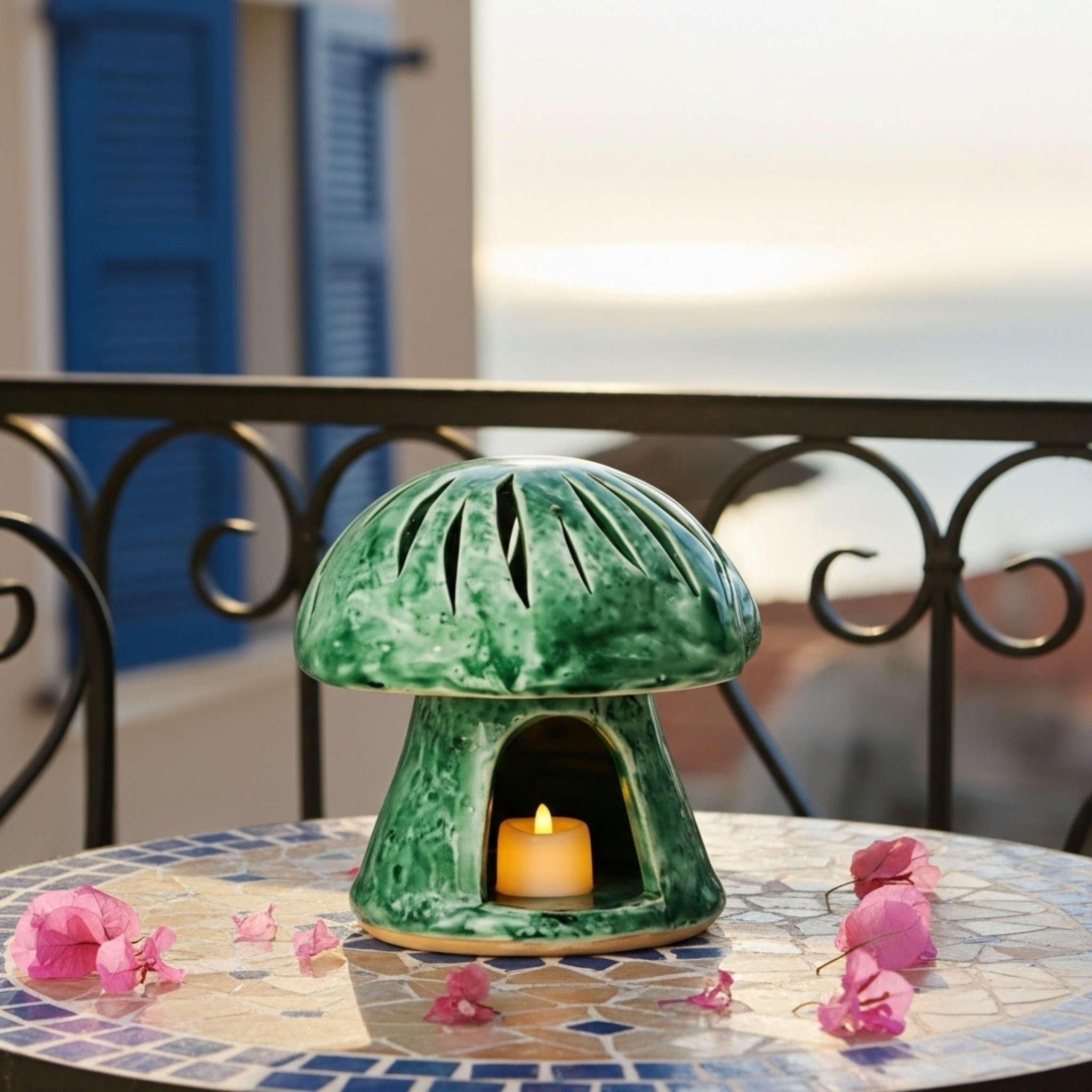 Cache-bougie Champignon en Céramique – Vert Émaillé Tunisien