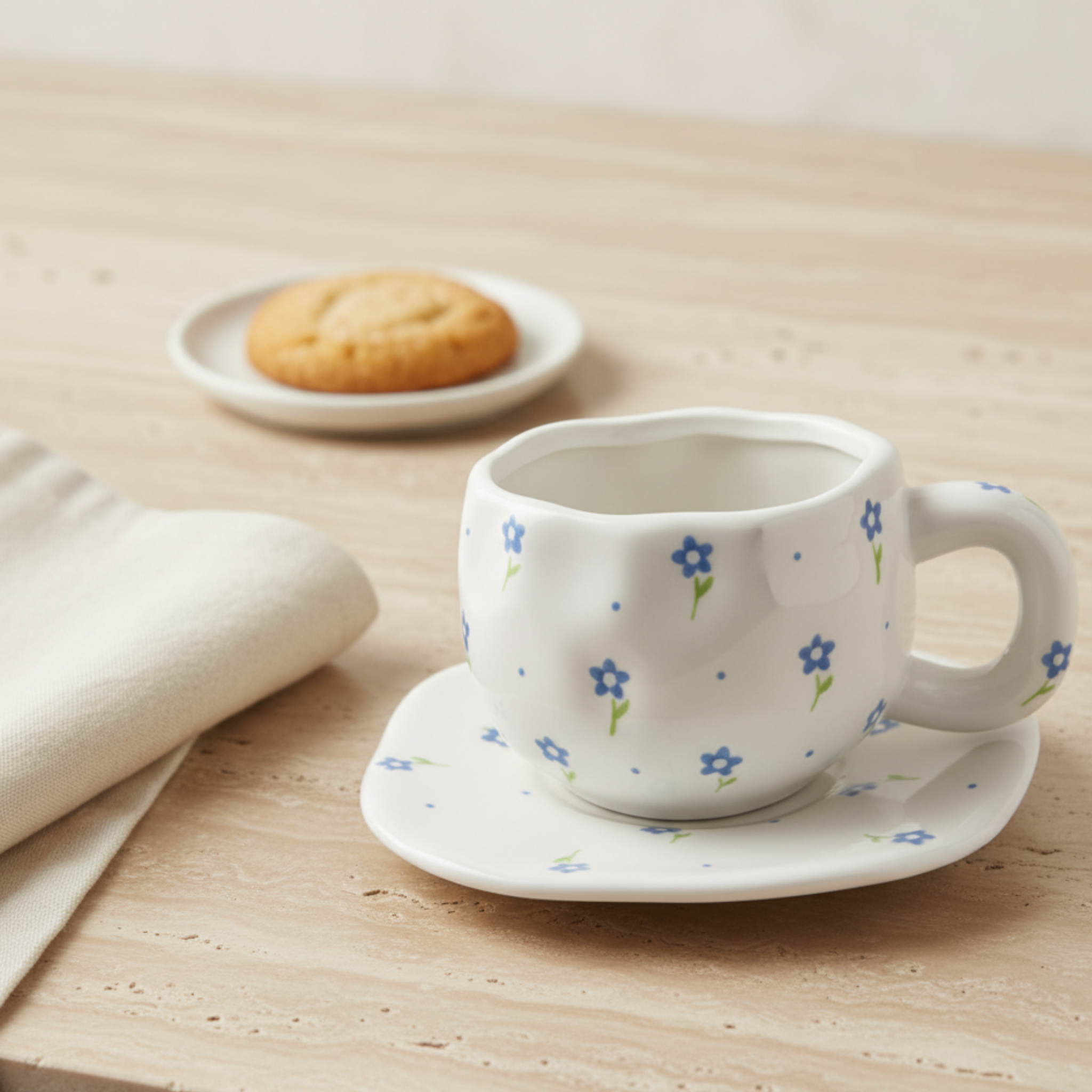 Tasse Fleurie Bleue avec Sous-Tasse | Céramique Tunisie | Fiolla Home
