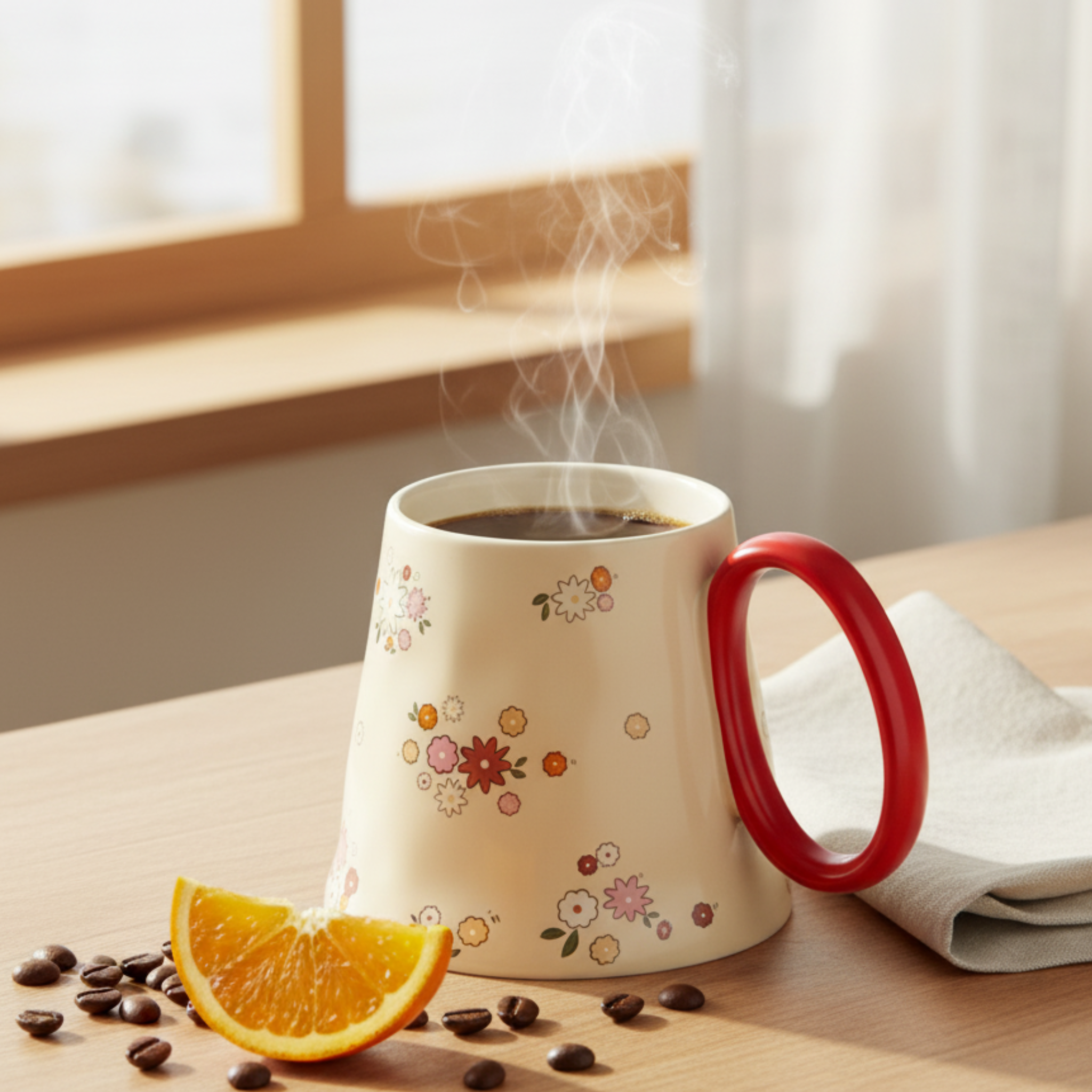Mug fleuri en céramique – Anse rouge | Fiolla Home