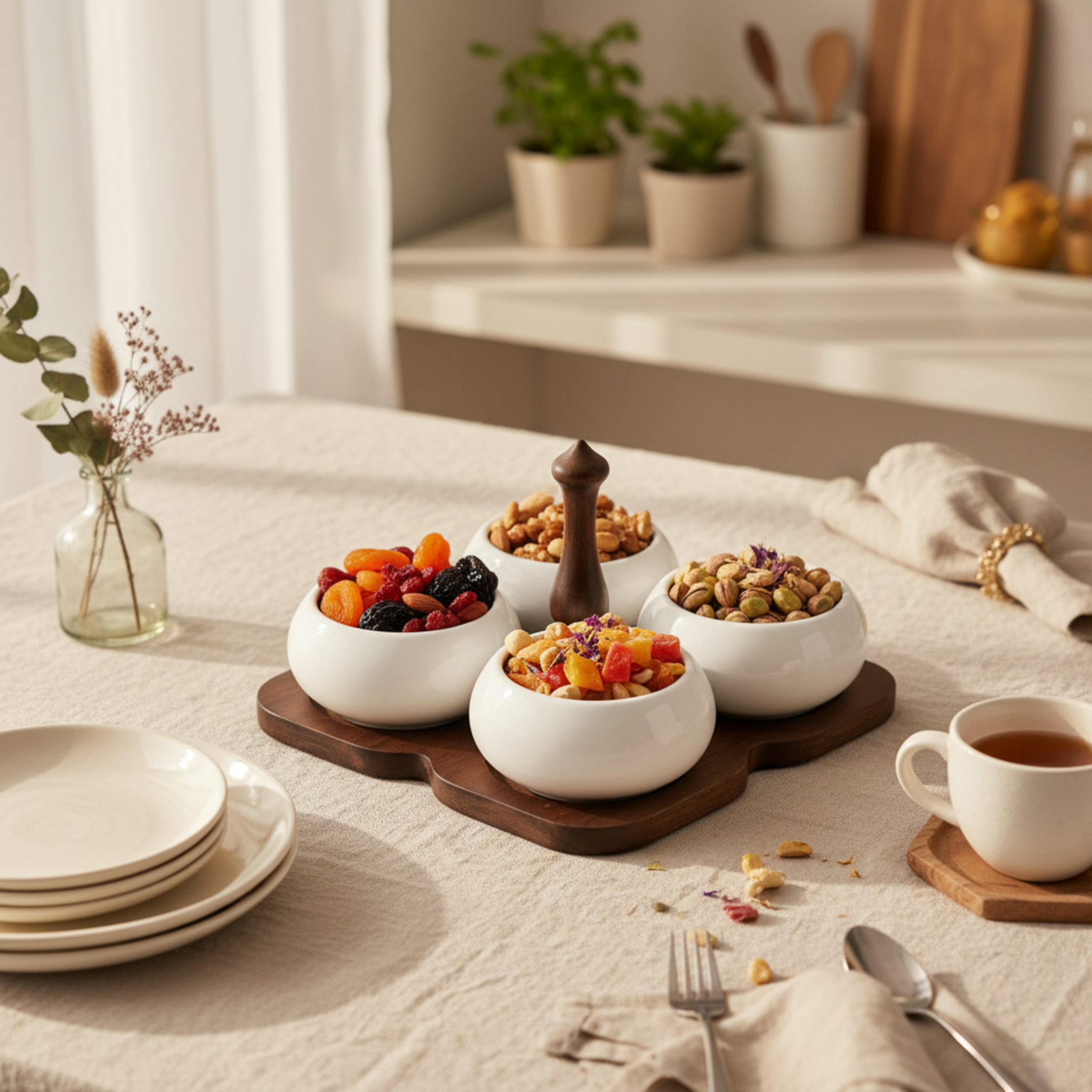 Service Apéritif 4 Bols Céramique & Plateau Bois – Design Élégant