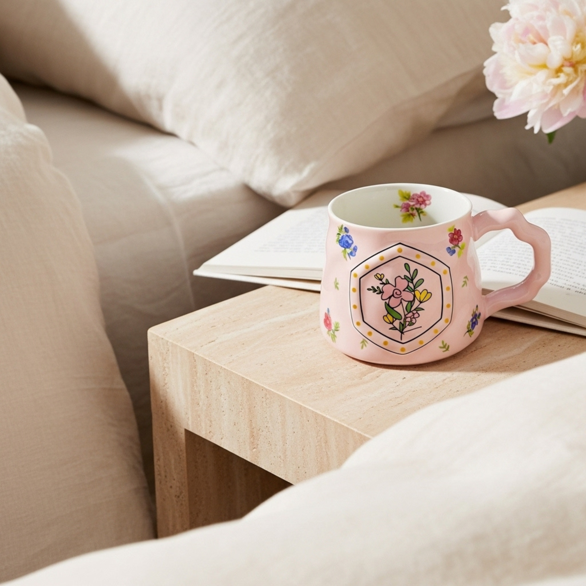 Mug Céramique Fleurie – Anse Sculptée, Minimal | Fiolla Home