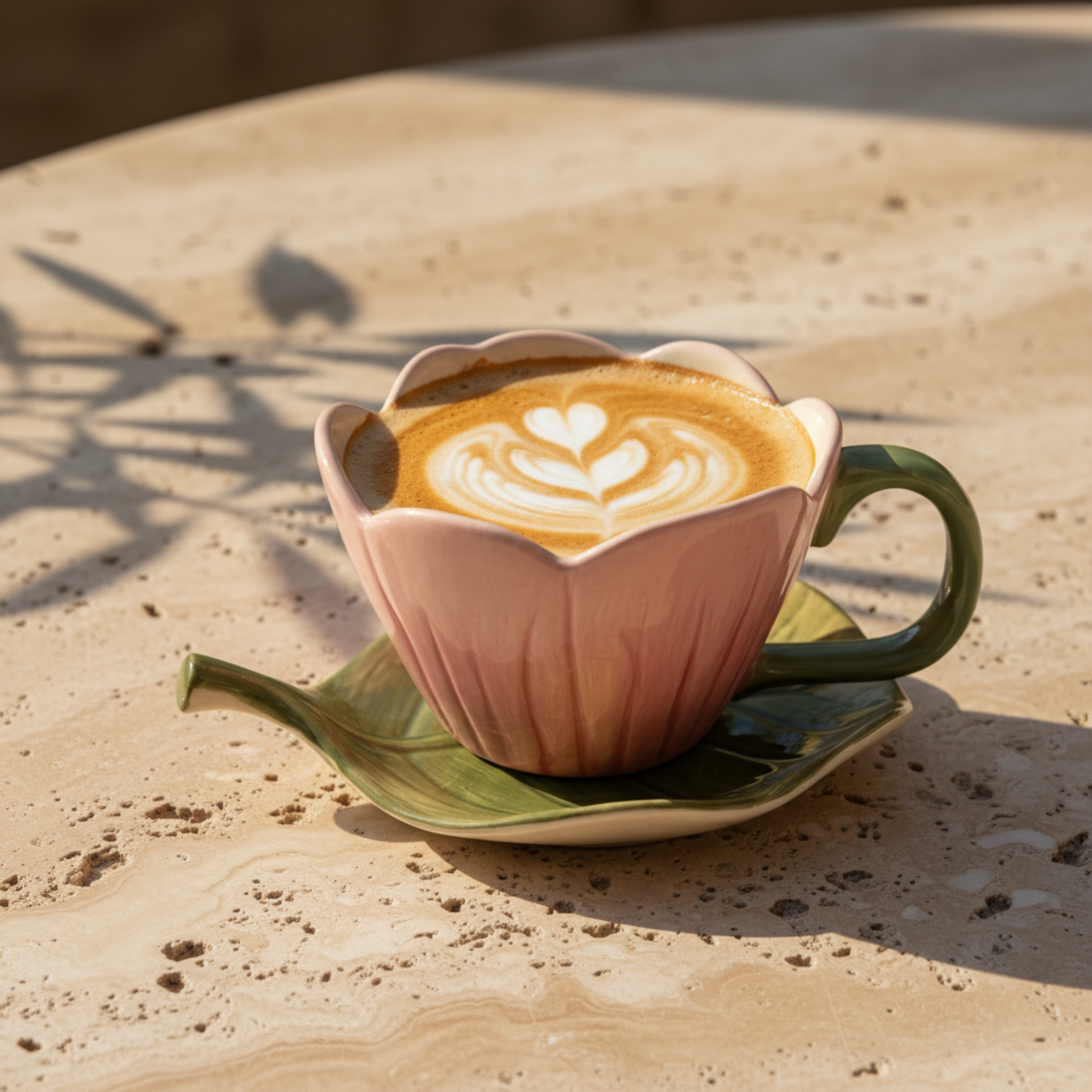 Mug Fleur Rose en Céramique avec Sous-Tasse Feuille – Style Bohème