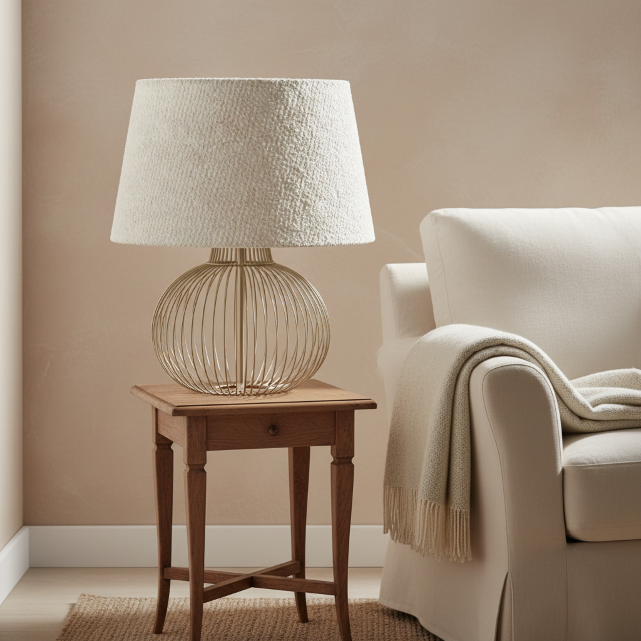 Lampe de Table Grège en Tissu Bouclette et Pied Filaire Design