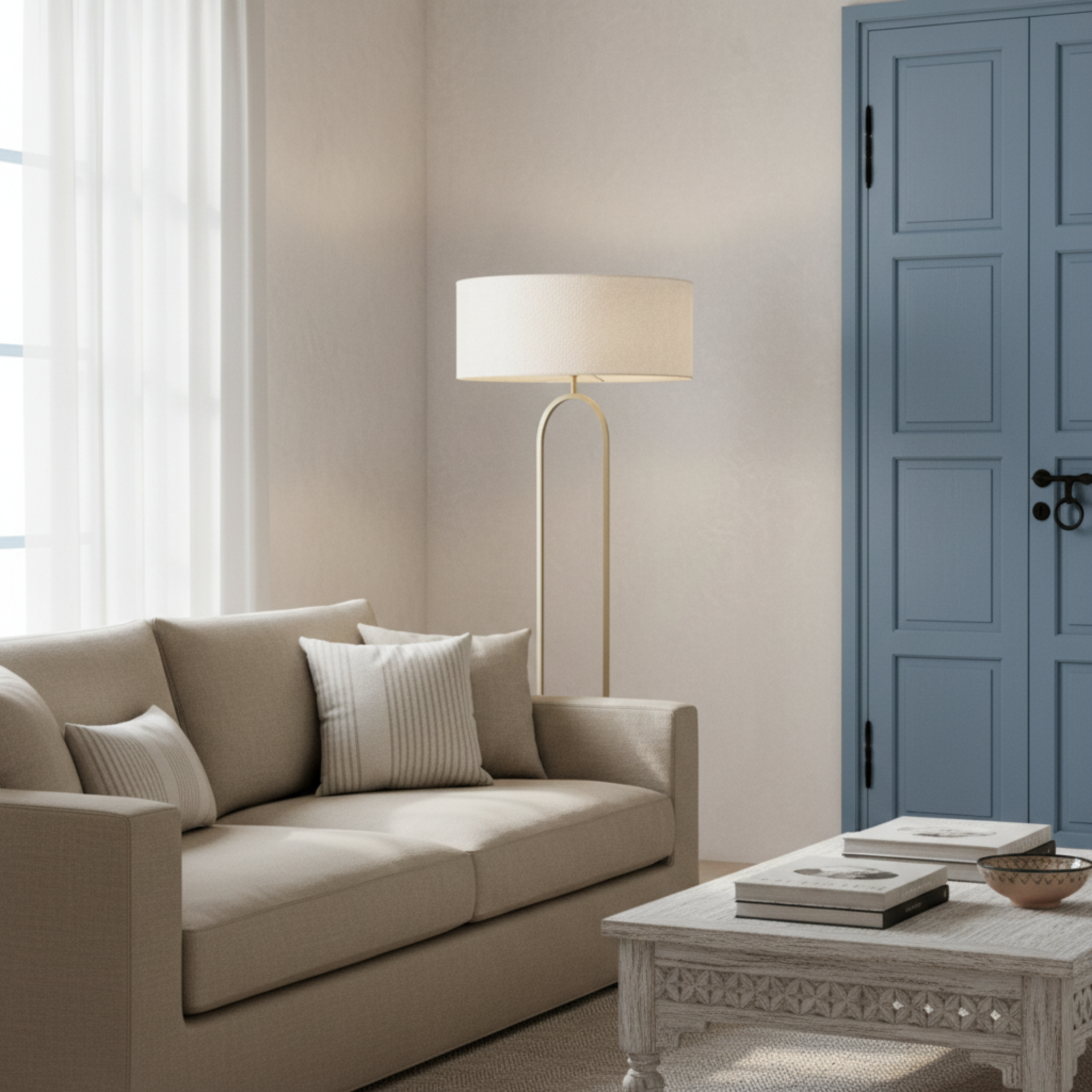 Lampadaire Design Pied Grège et Abat-jour Bouclette Blanc - Tunisie