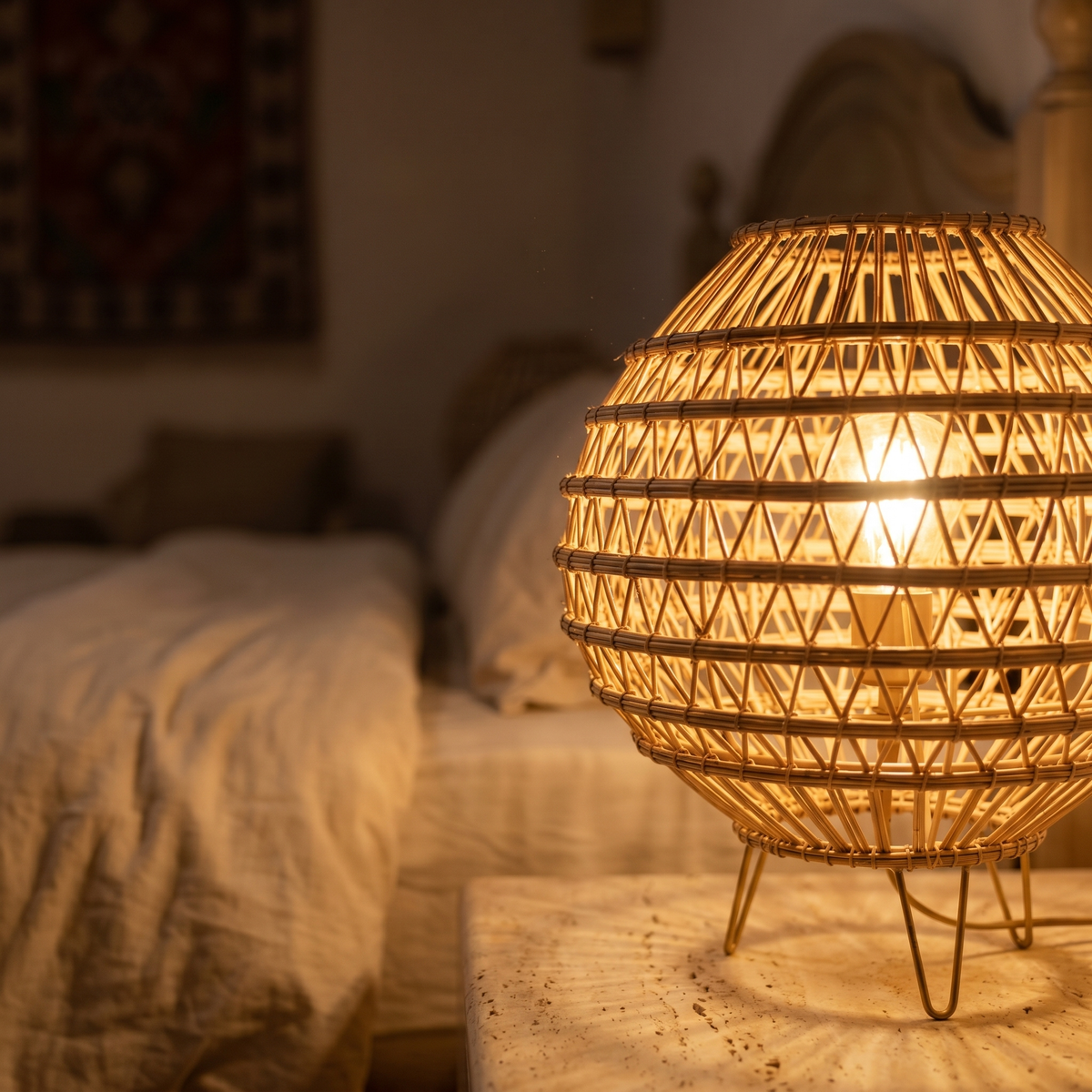 Lampe à Poser Palmier Tunisie | Boule Tressée Bohème | Fiolla Home