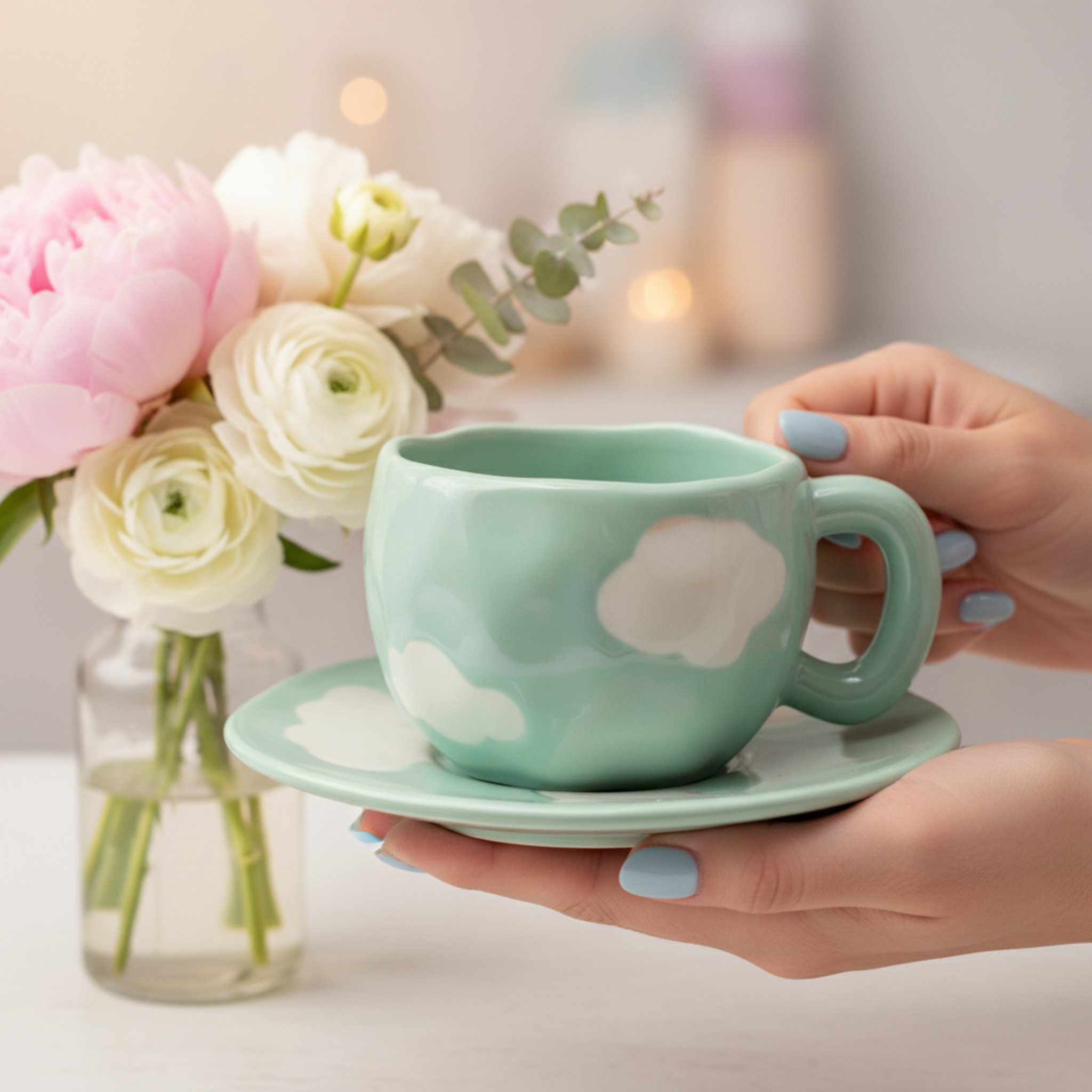 Mug Céramique "Nuage" — Tasse Design Chunky & Soucoupe (Pastel)