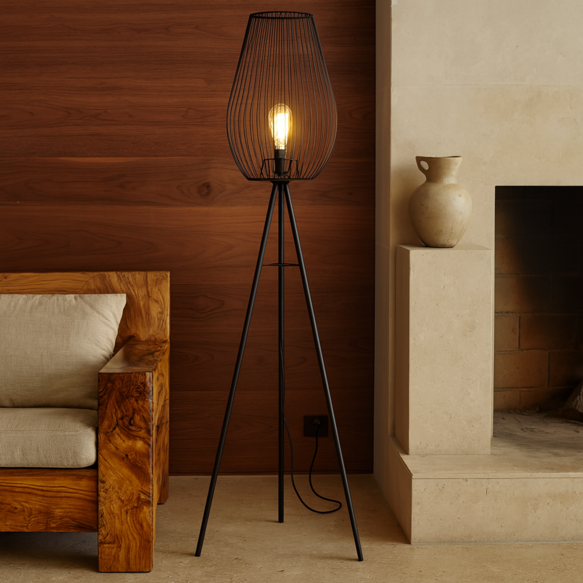 Lampadaire trépied métal noir moderne | Luminaire Tunisie | Fiolla Home