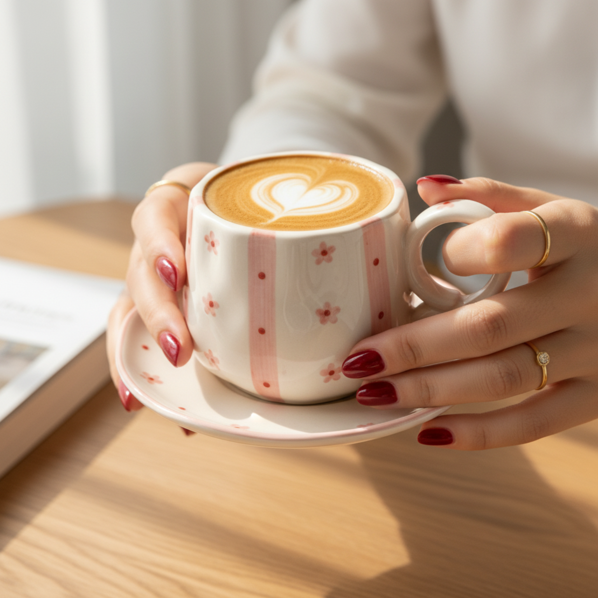 Tasse Céramique Artisanale Motif Floral Rose & Rayures avec Soucoupe
