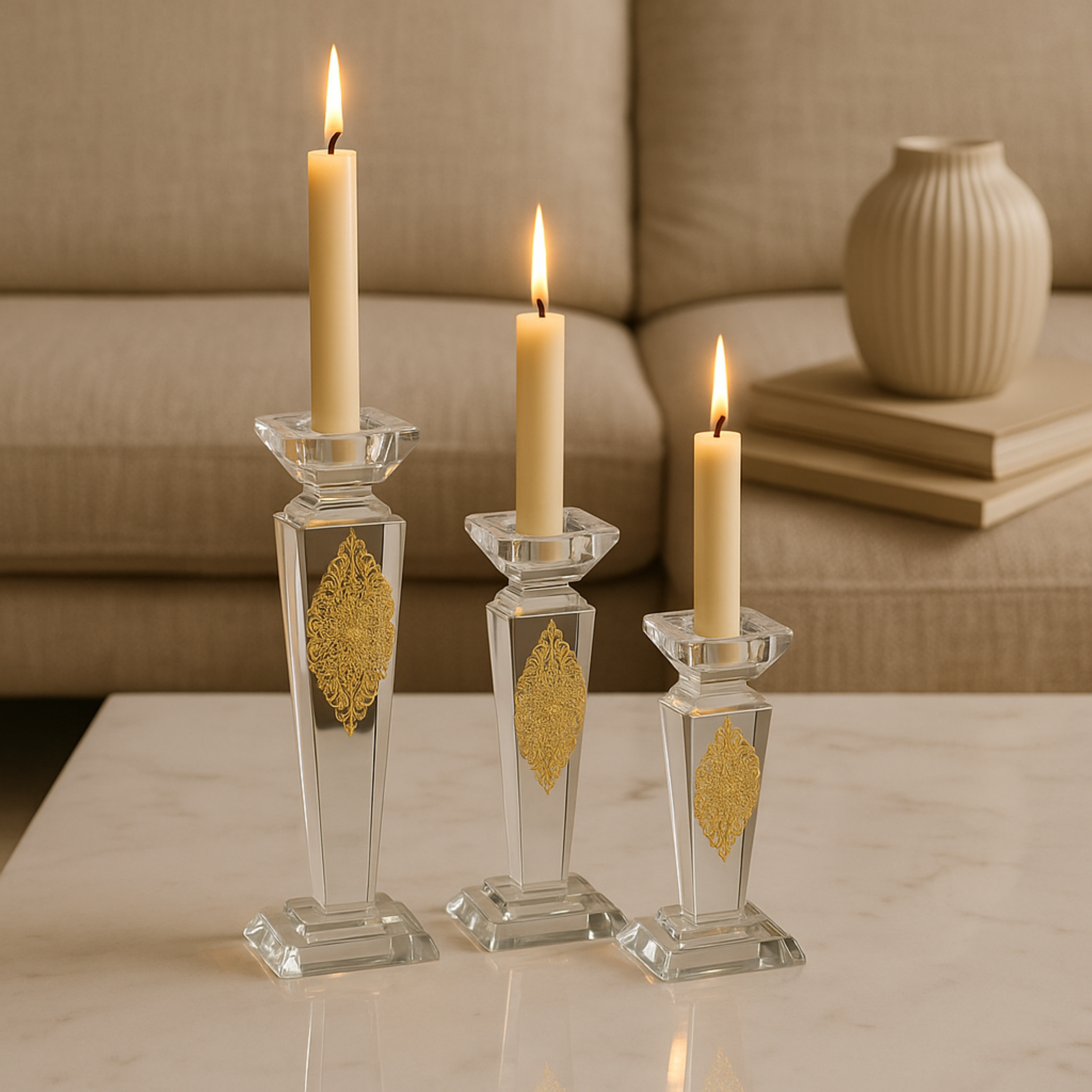 Bougeoirs en Cristal Doré | Lot de 3 | Fiolla Home