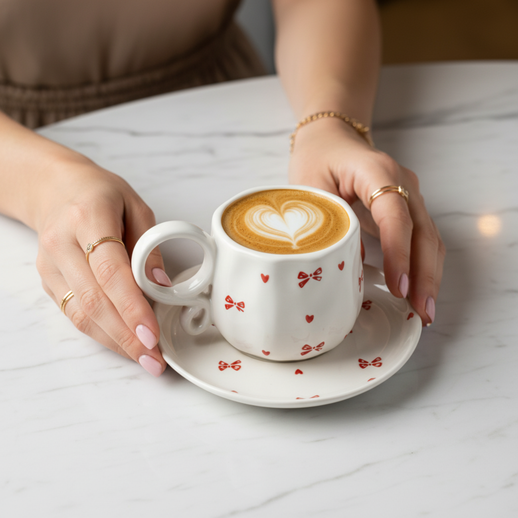 Tasse à Café Design Nœud Rouge & Soucoupe – Céramique Chic