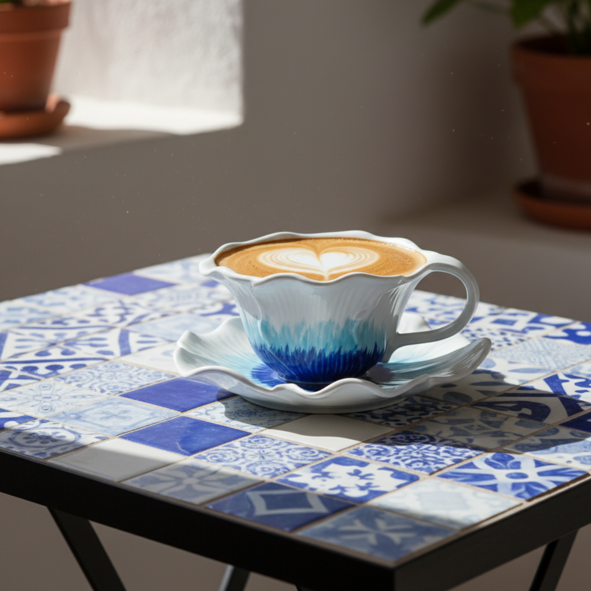Tasse & Soucoupe Design Fleur Bleu Océan - Céramique Tendance & Chic