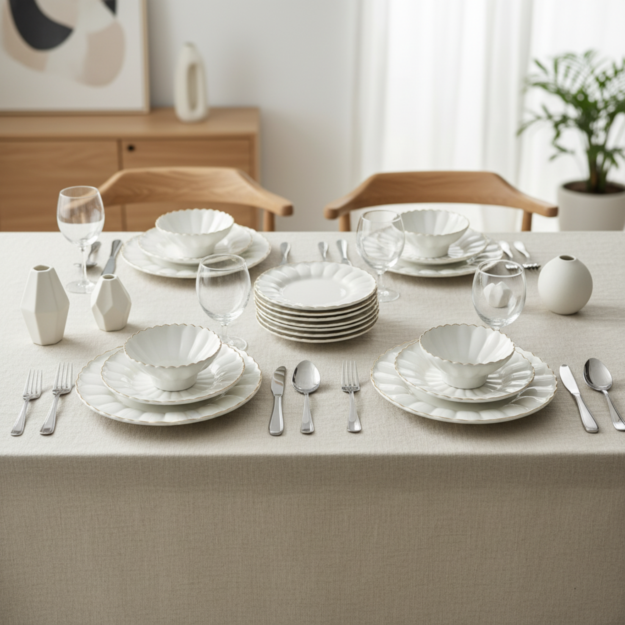 Service de Table 24 Pièces Blanc & Doré – Design Fleur & Liseré Or