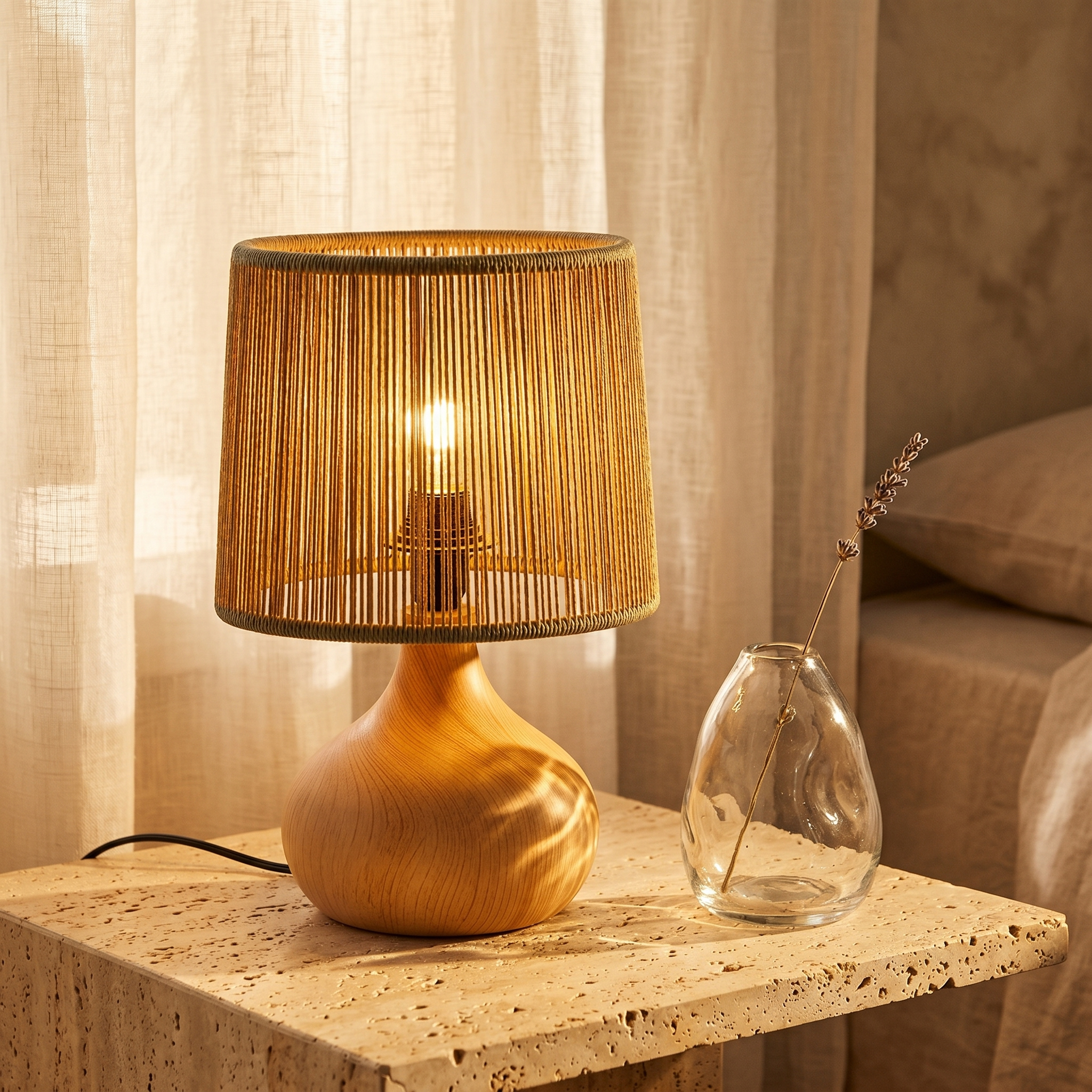 Lampe à Poser Boho | Design Jute & Bois Fait Main | Fiolla Home