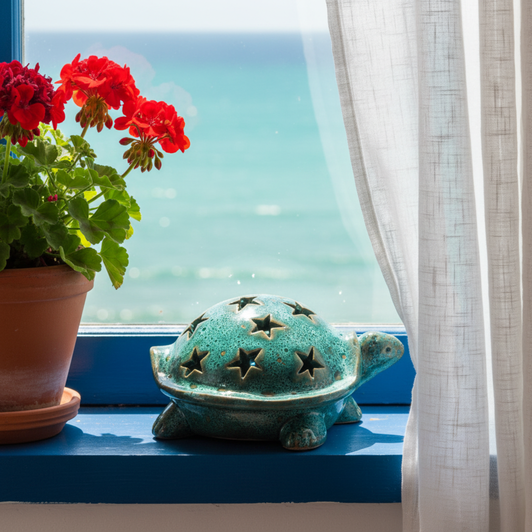Tortue en céramique émaillée ajourée – Étoiles, style méditerranéen