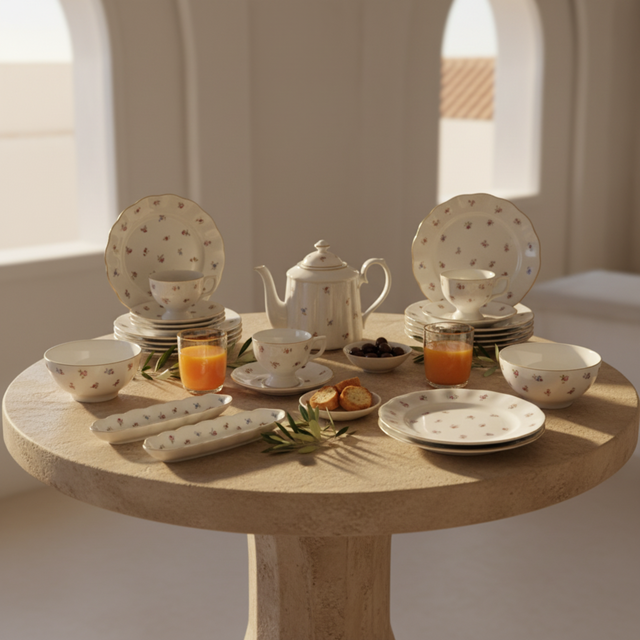 Service Petit Déjeuner 29 Pièces - Porcelaine Motif Floral & Or