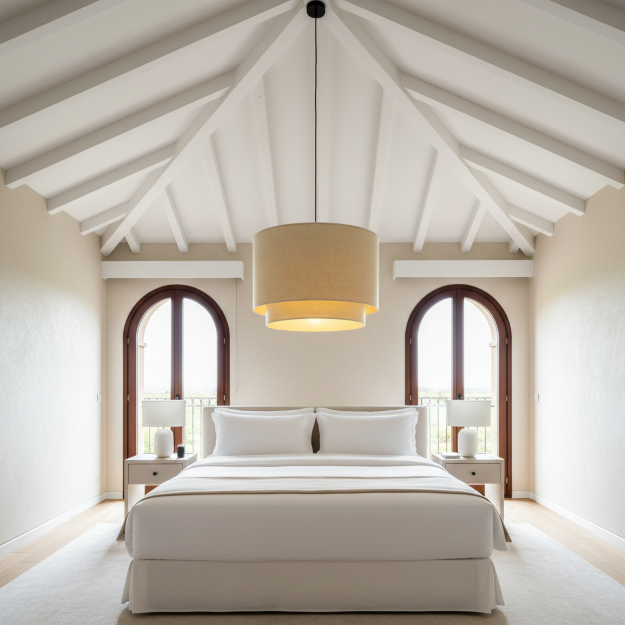 Suspension Double Abat-Jour en Lin Beige Lustre Moderne | Fiolla Home
