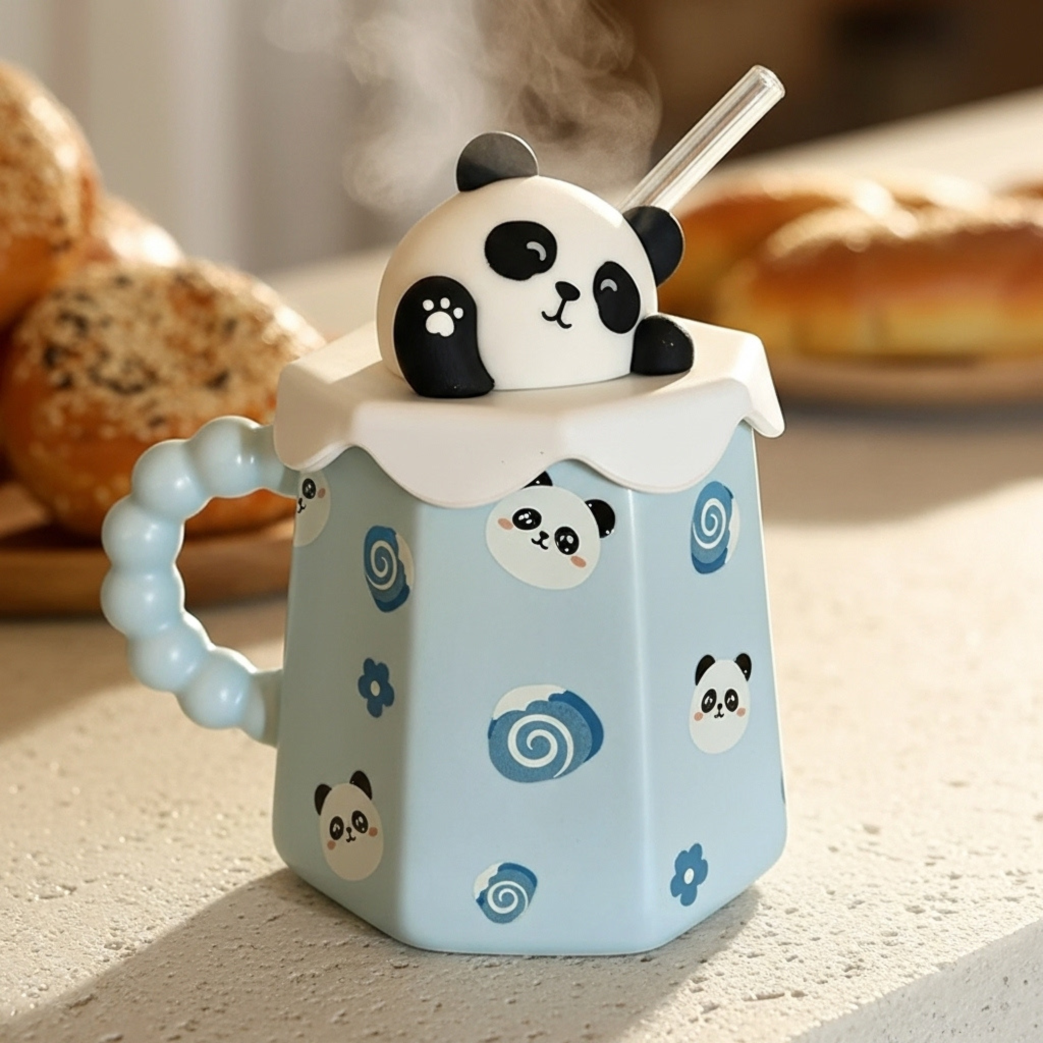 Mug Panda Bleu avec Paille – Couvercle 3D & Poignée Perlée
