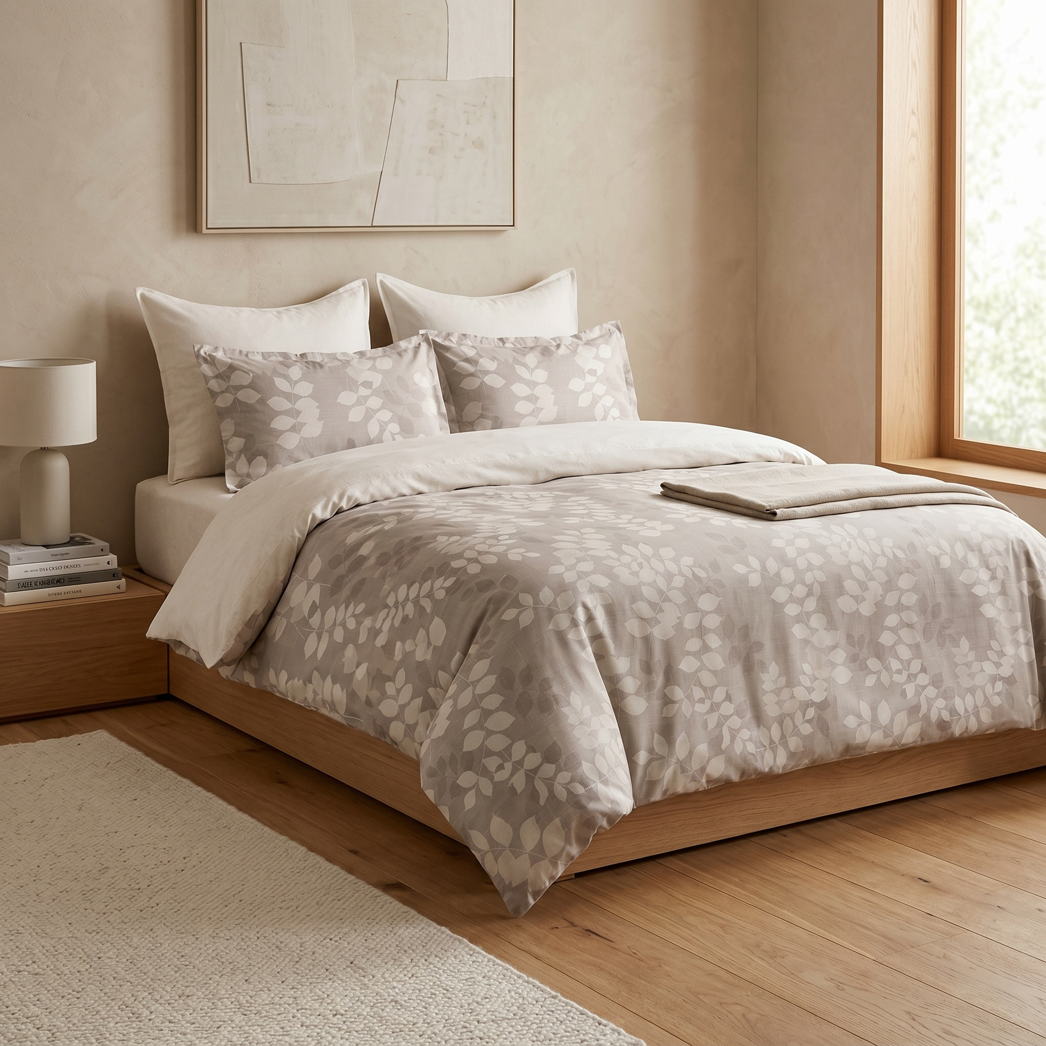 Ensemble Parure de Lit Satin Coton Motif Feuillage Beige | Fiolla Home