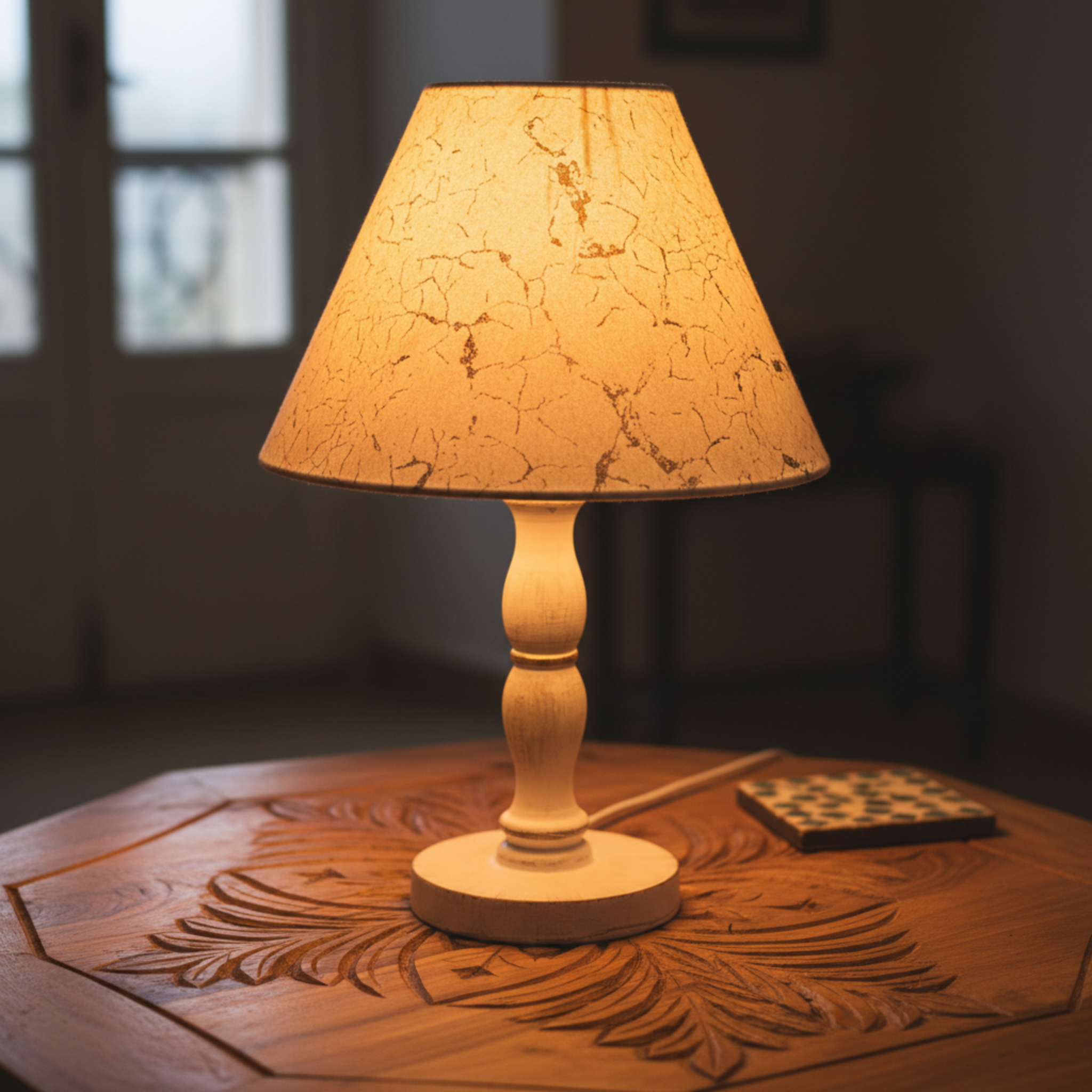 Lampe en Bois Tourné Artisanal – Finition Craquelée Or & Blanc (Pièce Unique)