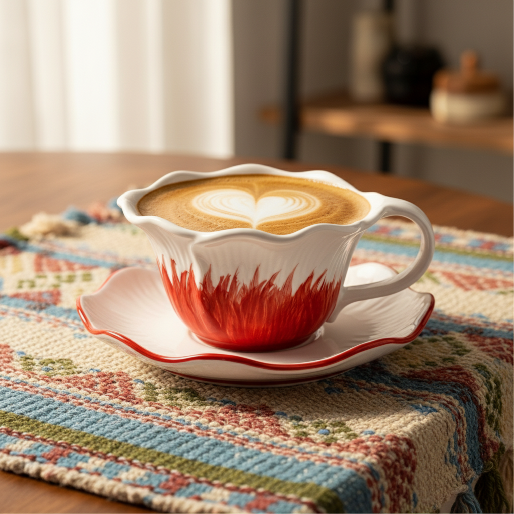 Tasse à Café Design "Pétale Rouge" en Céramique avec Soucoupe