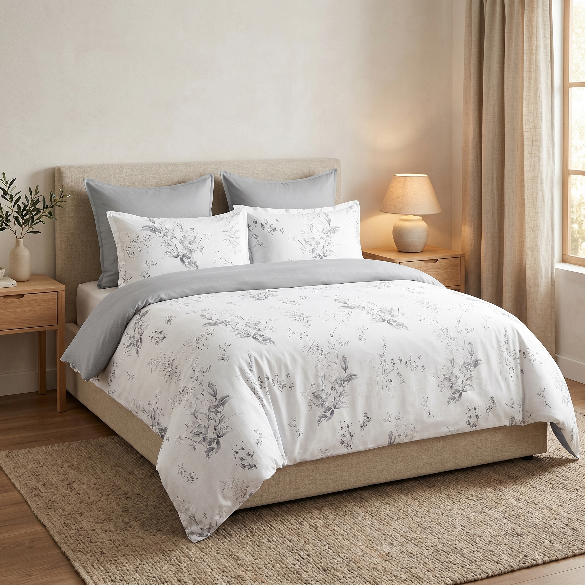 Ensemble Parure de Lit Satin Coton Motif Floral Blanc Gris | Fiolla Home