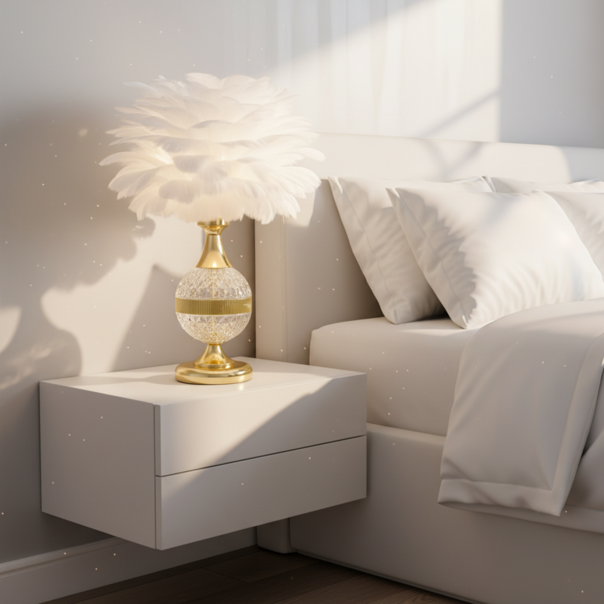 Lampe de Chevet à Plumes Blanches – Veilleuse Élégante Dorée Tunisie | Fiolla Home