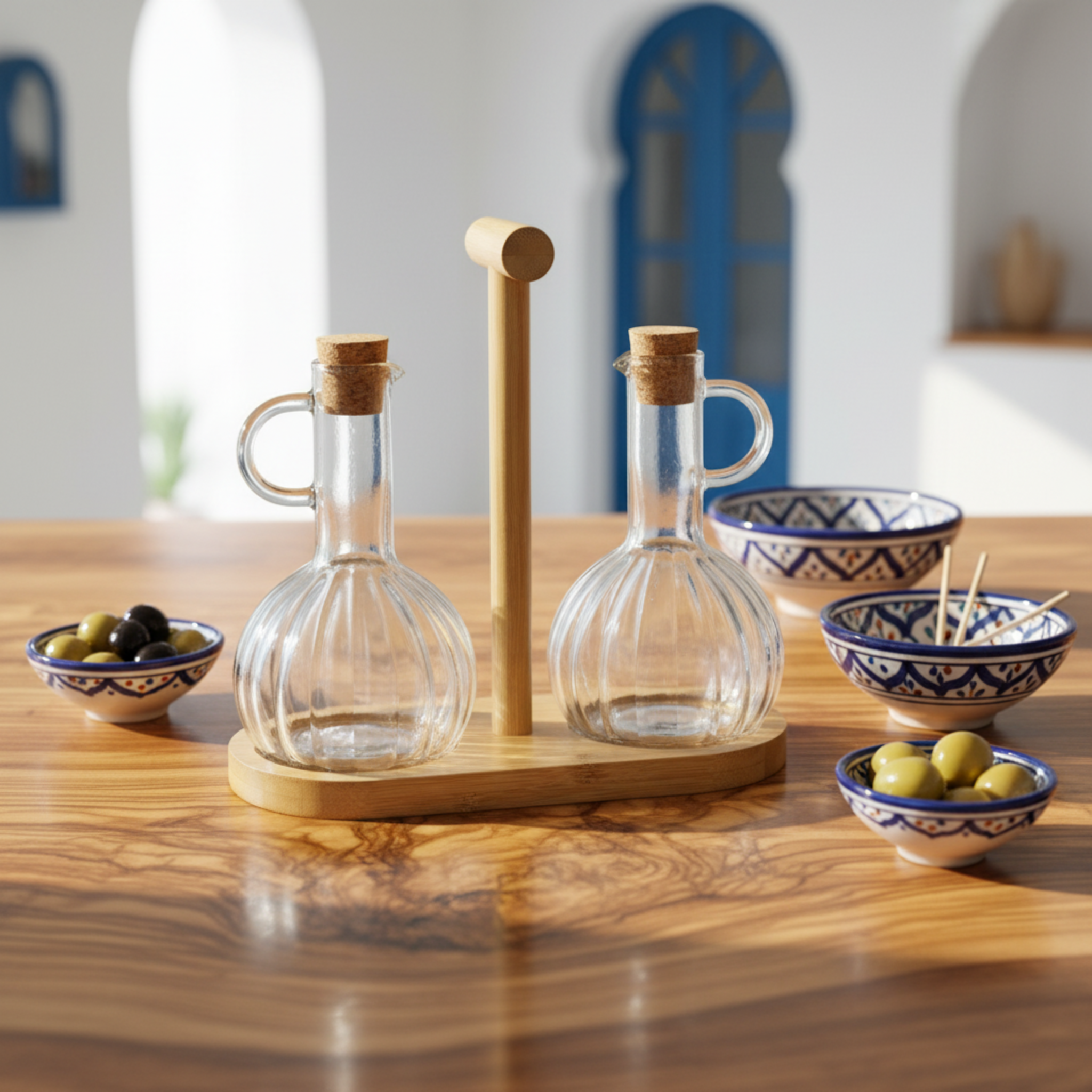 Duo Huilier & Vinaigrier en Verre avec Support Bois – Style Tunisien