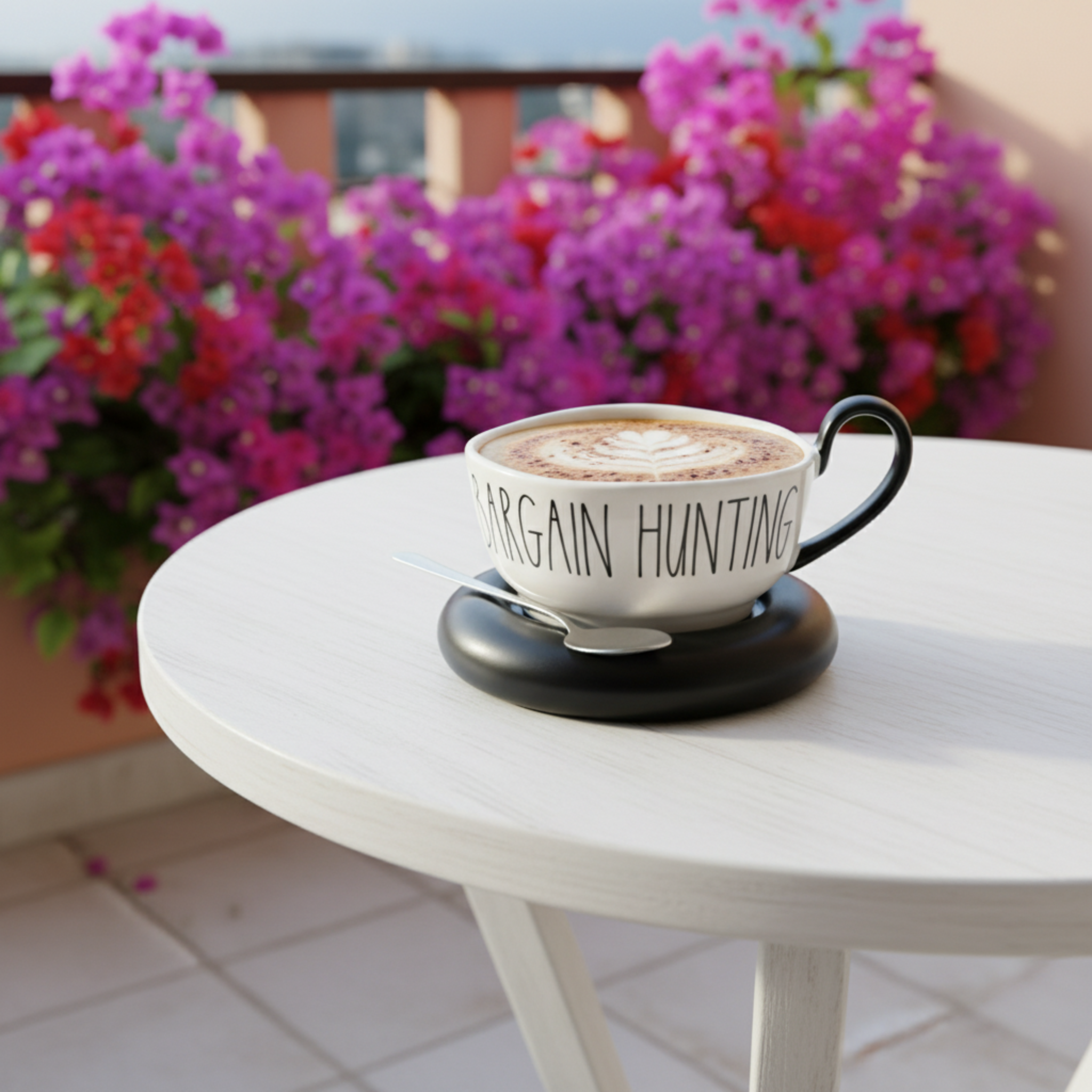 Tasse Large "Bargain Hunting" Noir et Blanc avec Soucoupe Design