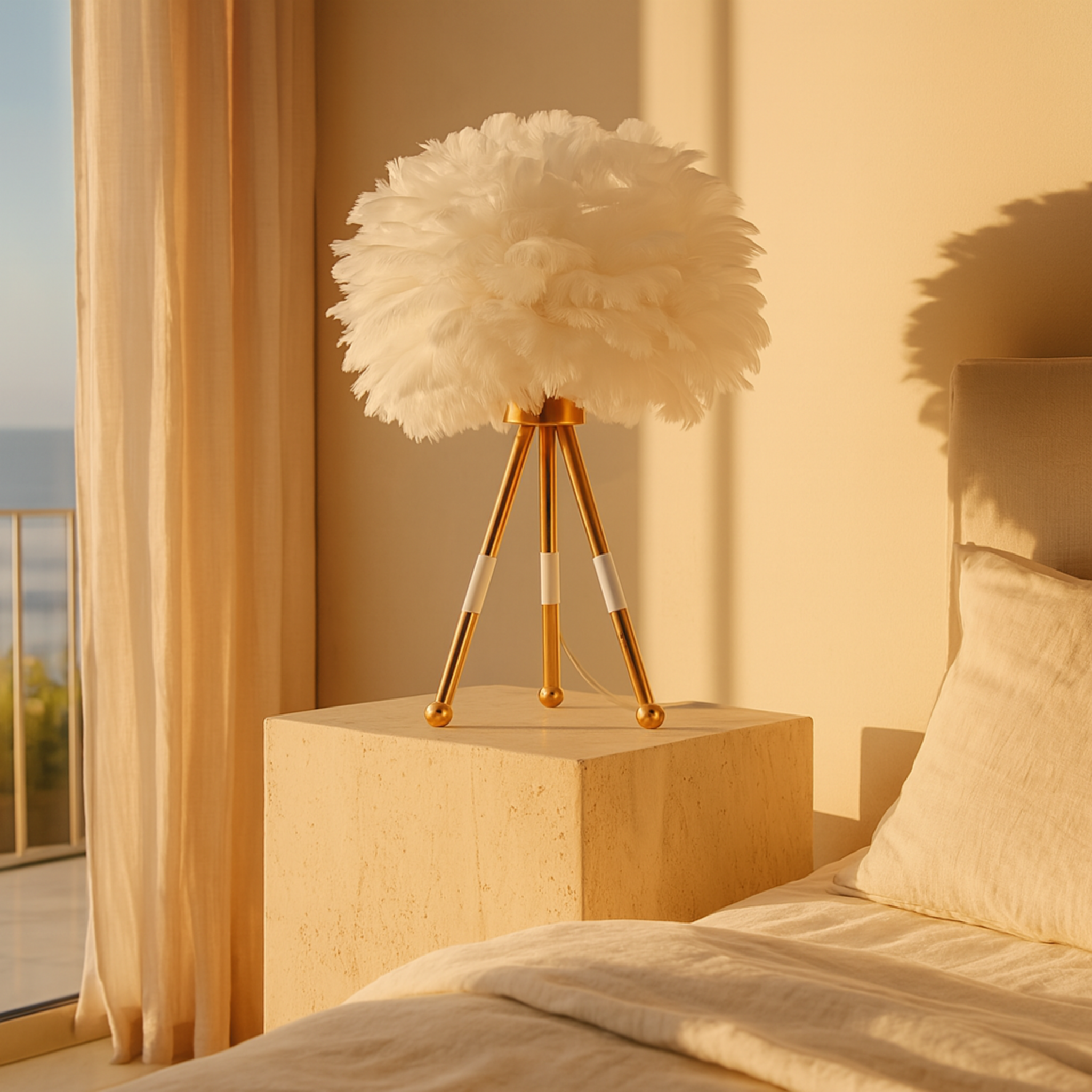 Lampe à Plumes Tripode Blanc et Doré – Design Bohème Chic