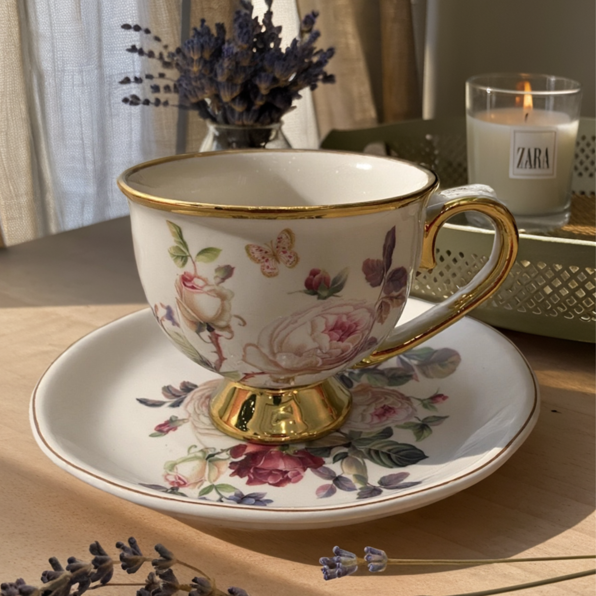 Service Café au Lait en Porcelaine Fleurie | Élégance Dorée | Fiolla Home