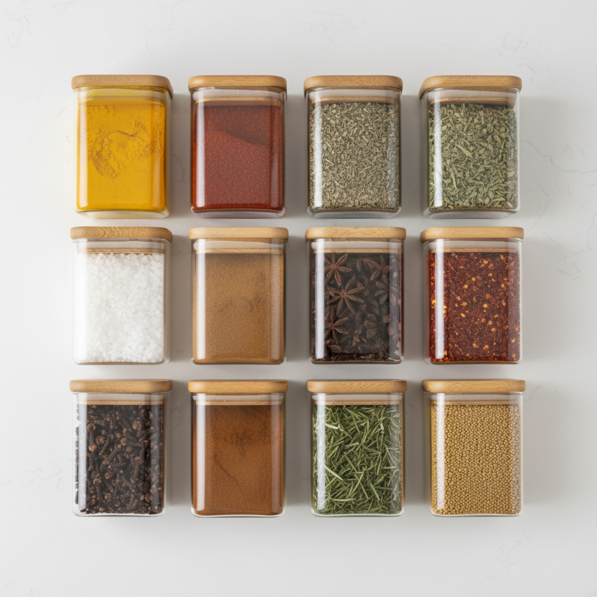 Set 12 Pots Épices Verre & Bambou – Rangement Cuisine Design