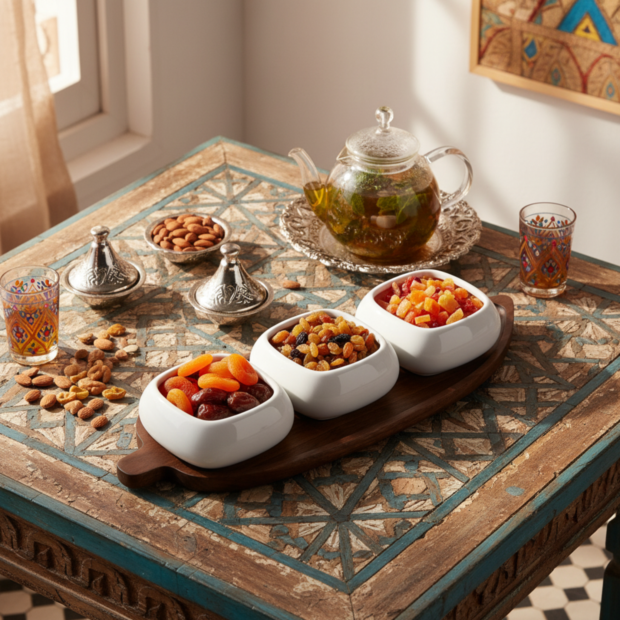 Service Apéritif Design : 3 Bols Céramique & Plateau Bois Ovale