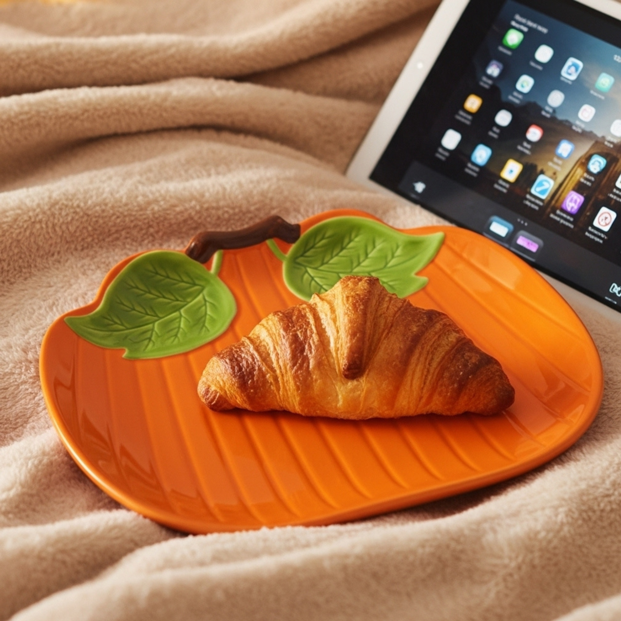 Assiette Citrouille en Céramique – Feuilles Vertes