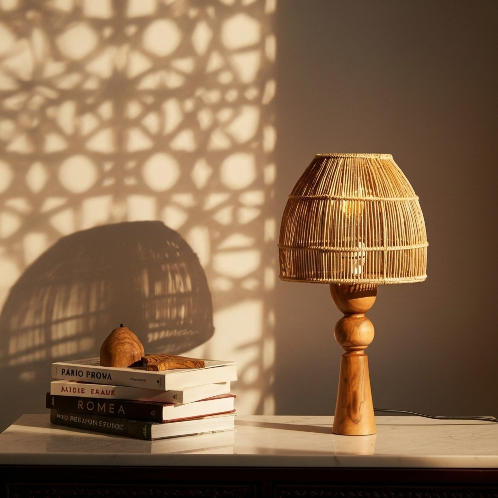 Lampe de table artisanale – base en bois d’olivier & abat-jour en fibres de palmier