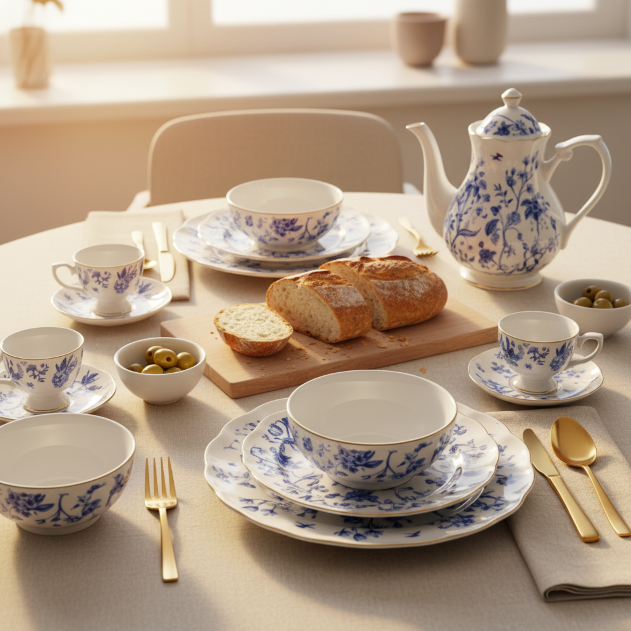 Service Petit Déjeuner 29 Pièces – Porcelaine Bleue & Dorure