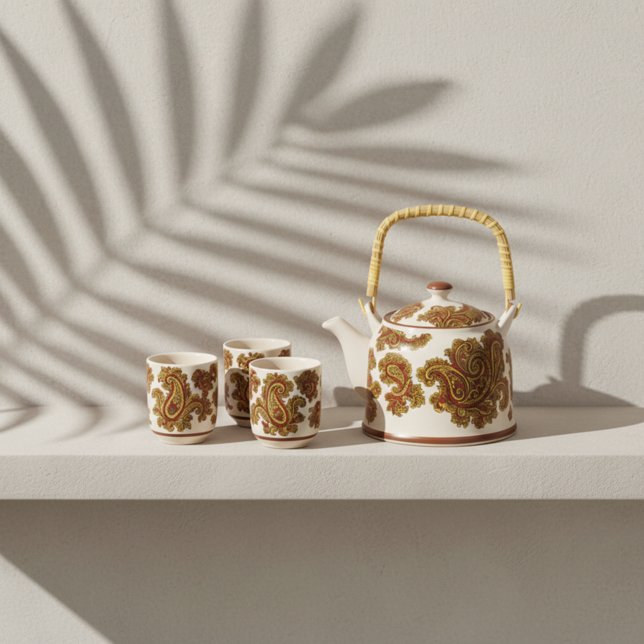 Service à Thé Crème Paisley Or-Rouge – Céramique 7 pièces