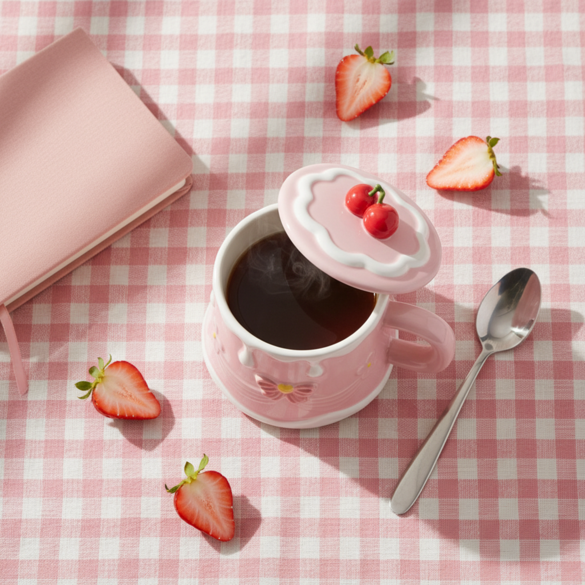 Mug Gâteau Rose Pastel avec Couvercle Cerise – Style Coquette & Cadeau